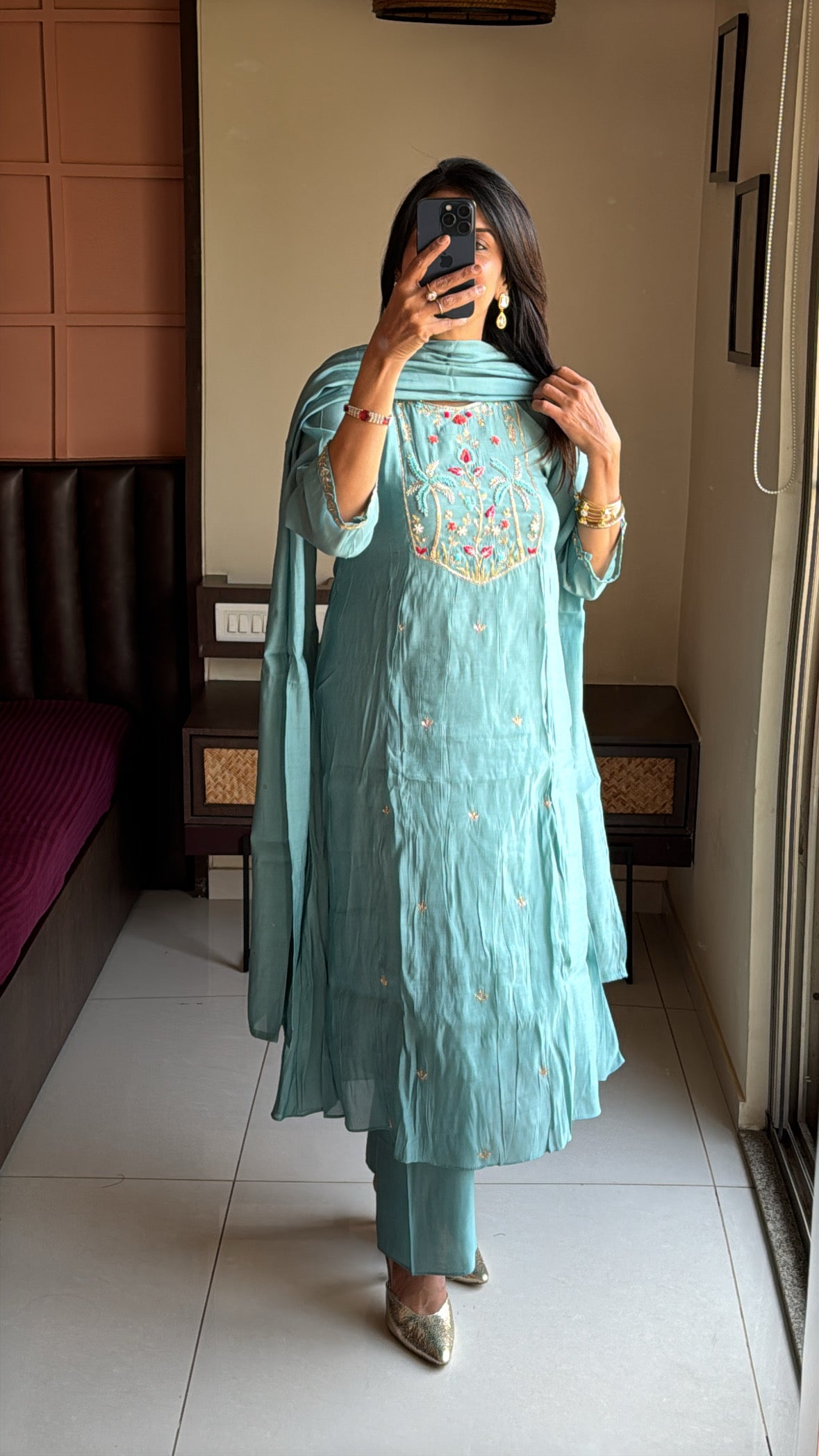 Light teal blue Thread Embroidered A-Line Kurta Pant & Dupatta Set | Muslin Silk