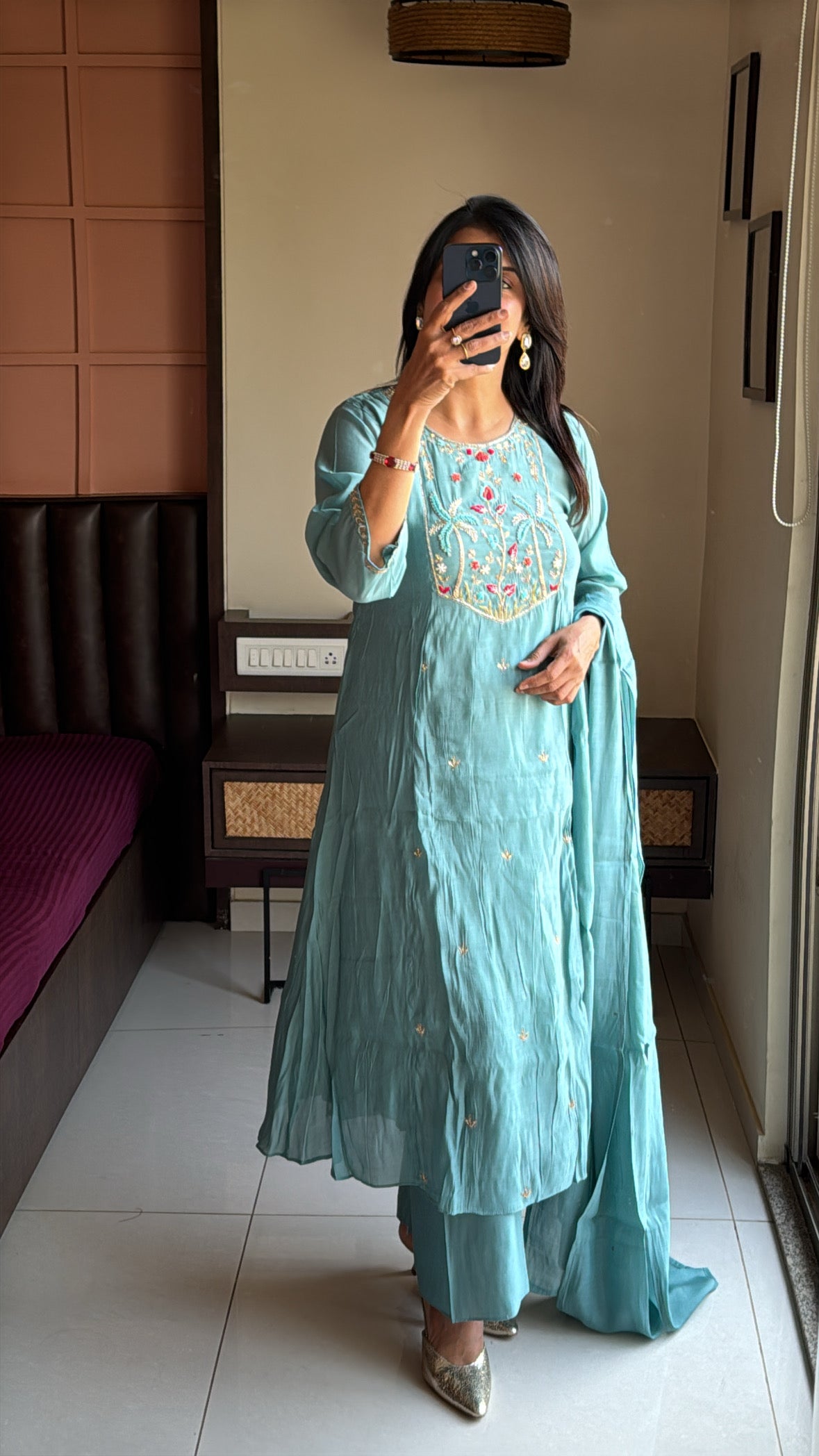 Light teal blue Thread Embroidered A-Line Kurta Pant & Dupatta Set | Muslin Silk