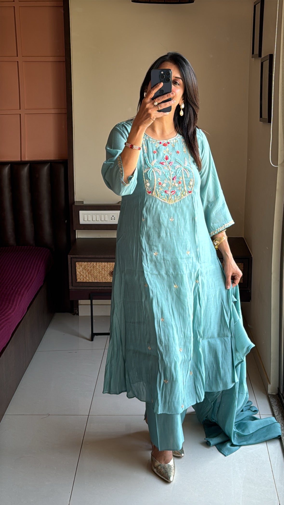 Light teal blue Thread Embroidered A-Line Kurta Pant & Dupatta Set | Muslin Silk