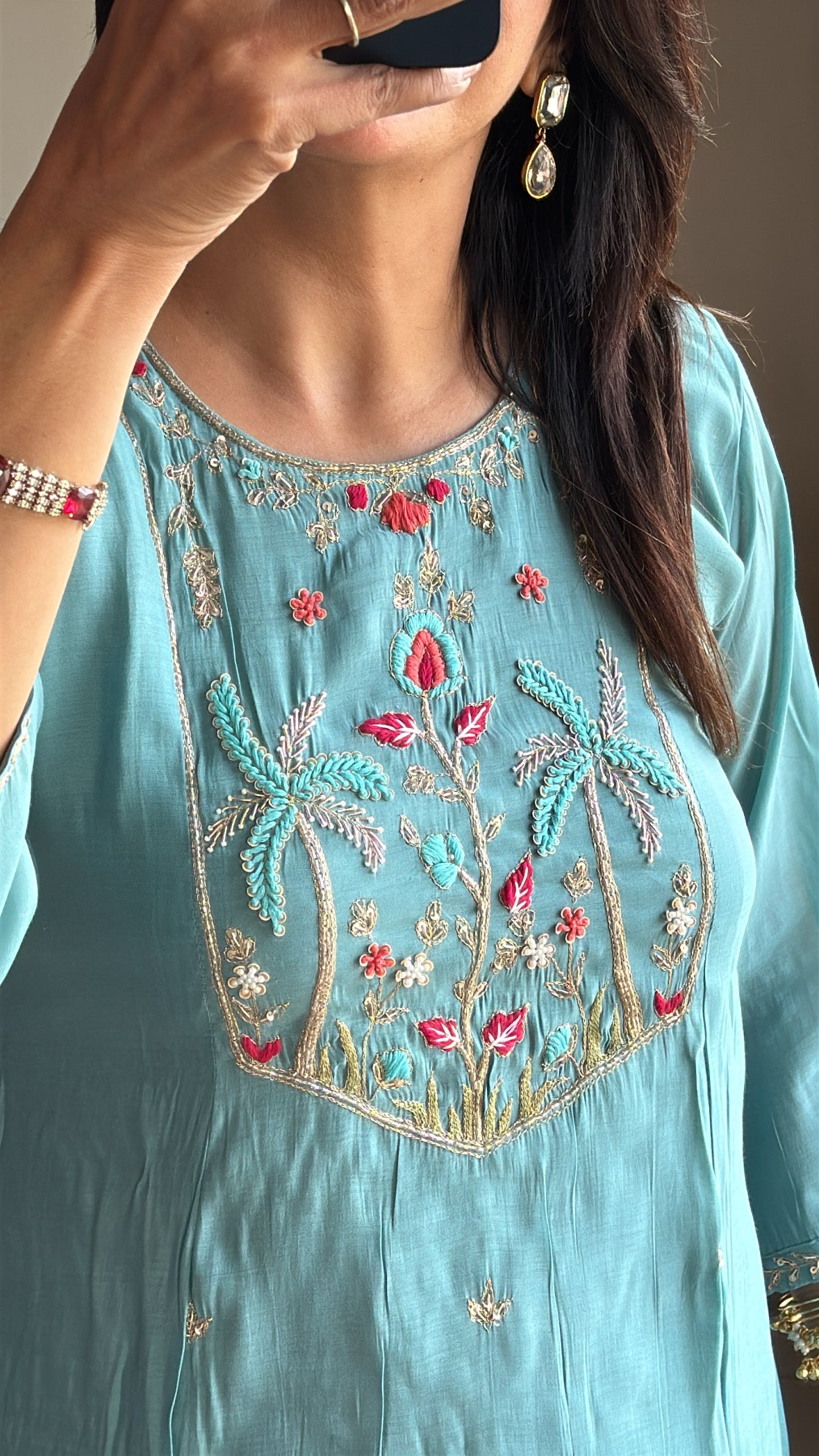 Light teal blue Thread Embroidered A-Line Kurta Pant & Dupatta Set | Muslin Silk