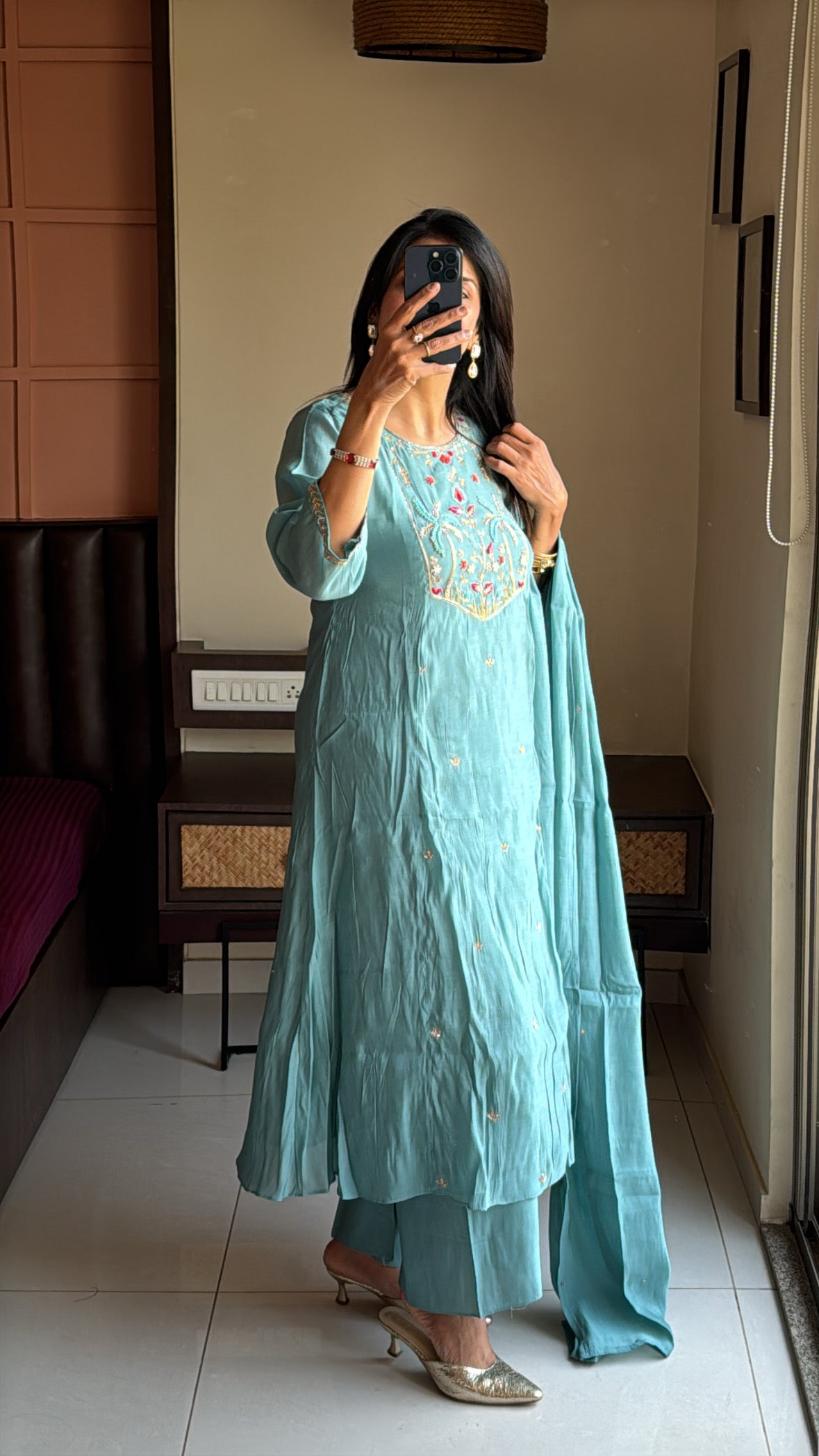 Light teal blue Thread Embroidered A-Line Kurta Pant & Dupatta Set | Muslin Silk