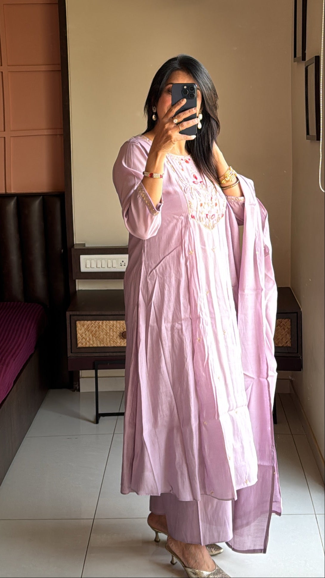 Soft Lilac Thread Embroidered A-Line Kurta Pant & Dupatta Set | Muslin Silk