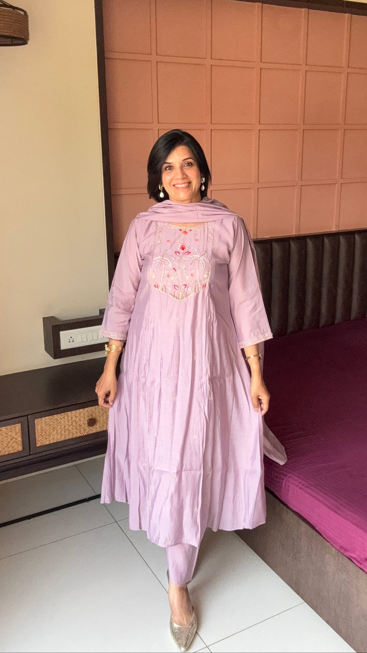 Soft Lilac Thread Embroidered A-Line Kurta Pant & Dupatta Set | Muslin Silk