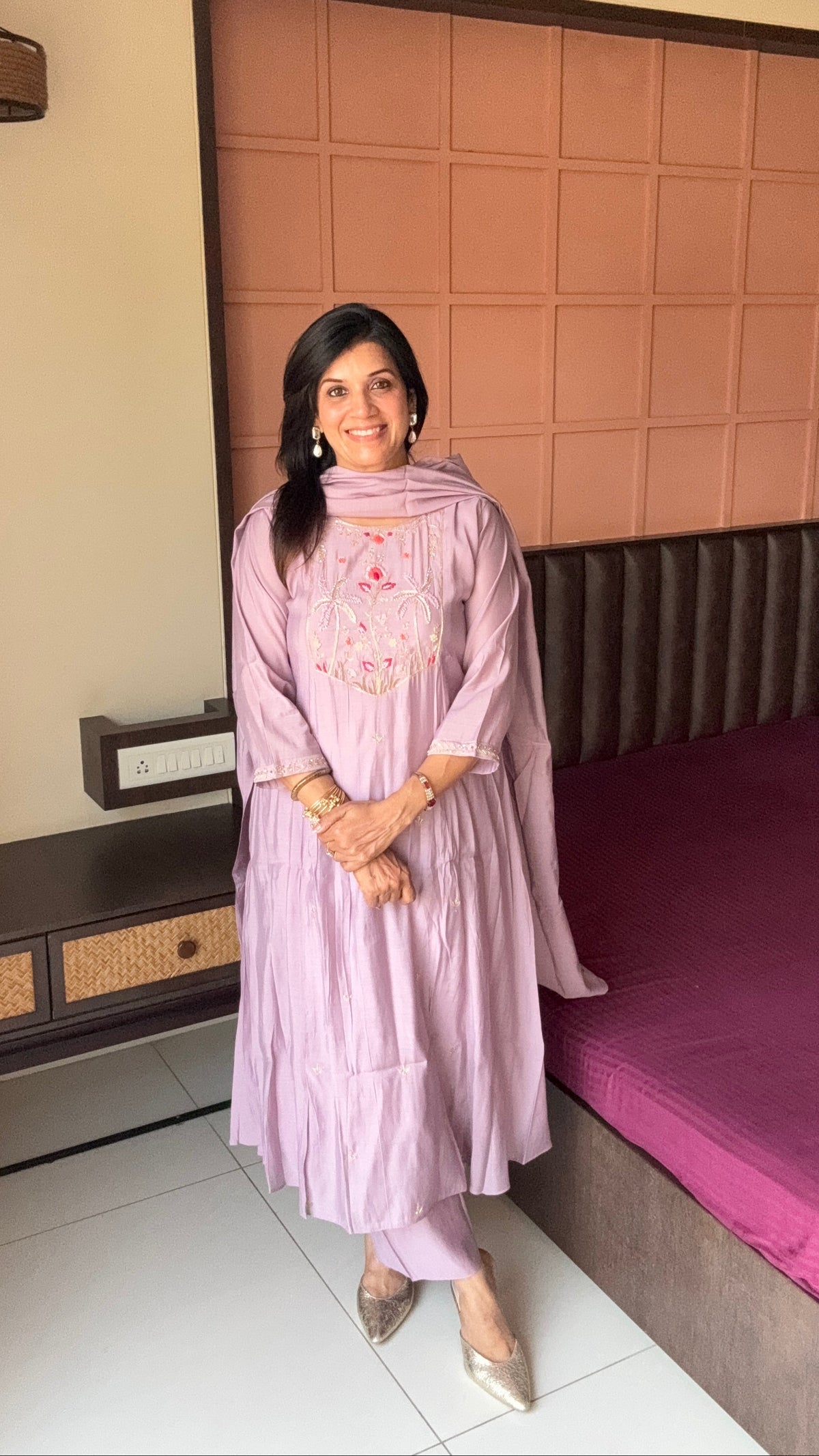 Soft Lilac Thread Embroidered A-Line Kurta Pant & Dupatta Set | Muslin Silk