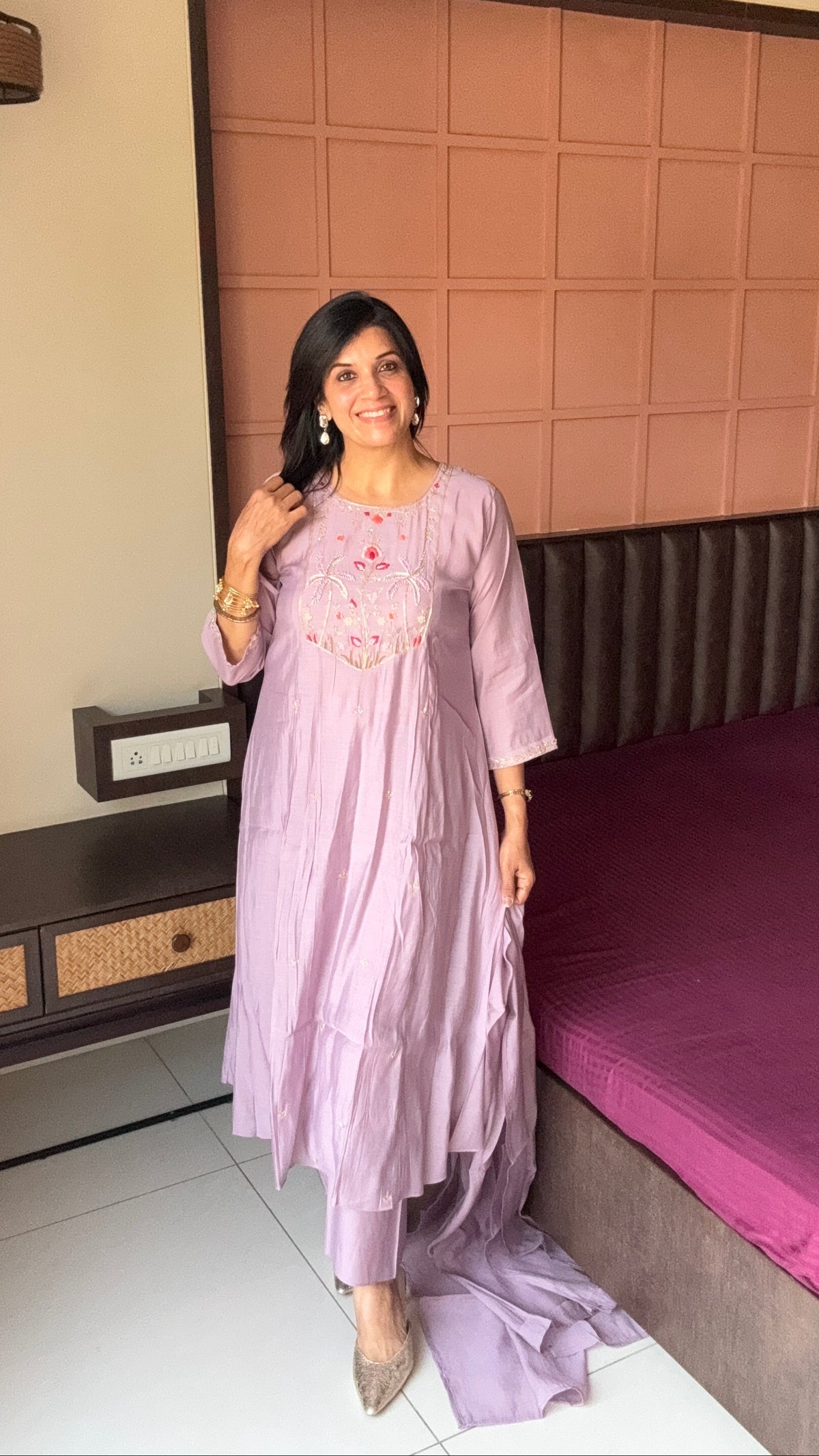 Soft Lilac Thread Embroidered A-Line Kurta Pant & Dupatta Set | Muslin Silk