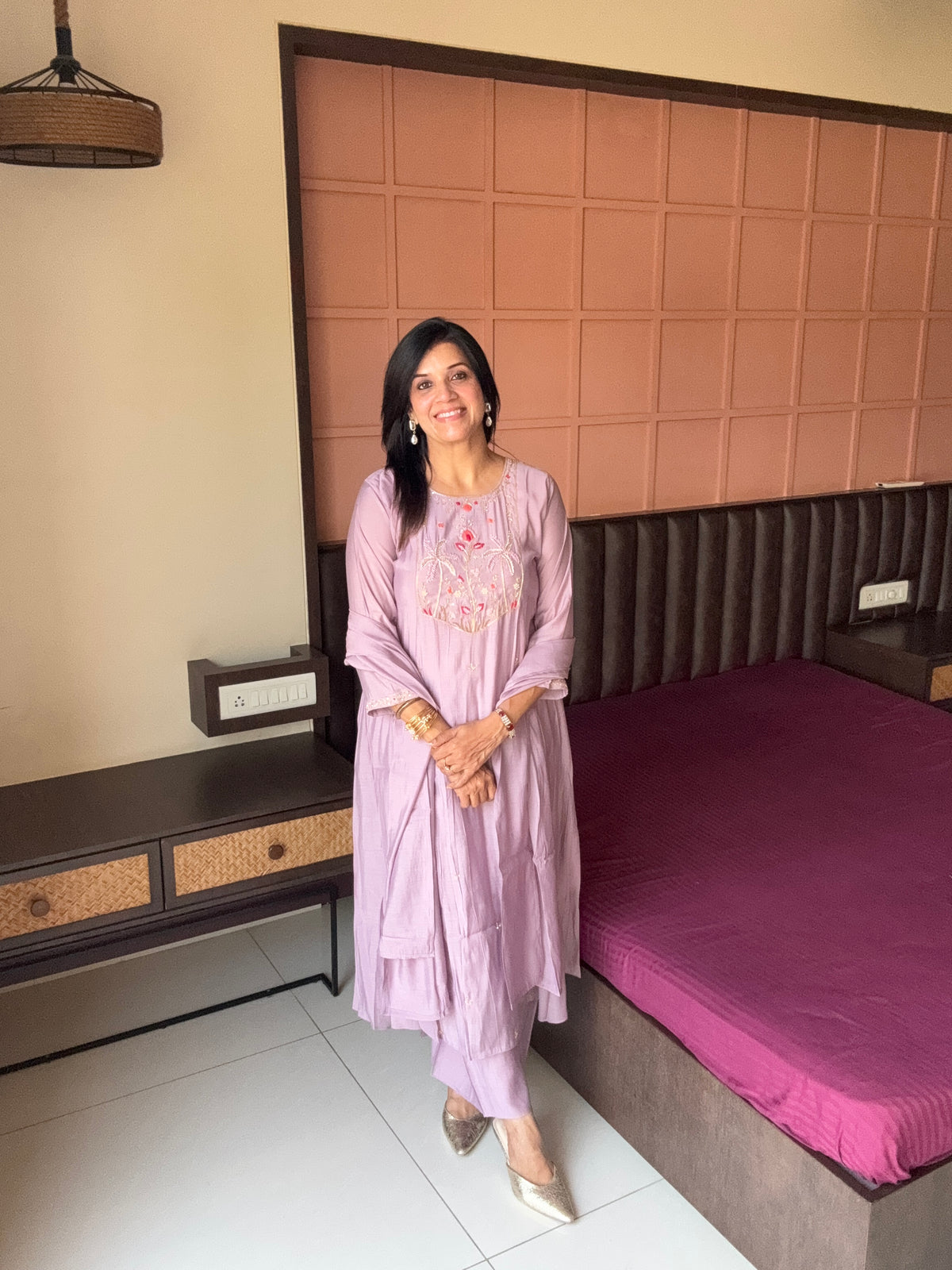 Soft Lilac Thread Embroidered A-Line Kurta Pant & Dupatta Set | Muslin Silk