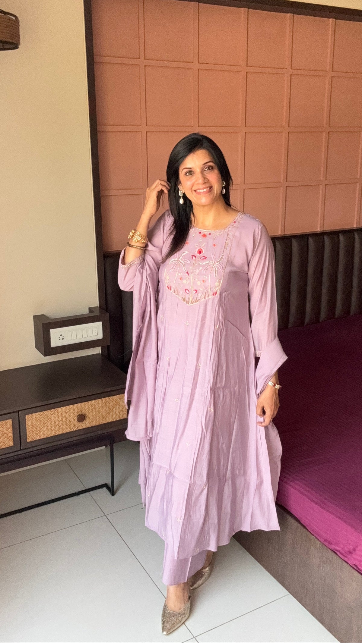 Soft Lilac Thread Embroidered A-Line Kurta Pant & Dupatta Set | Muslin Silk