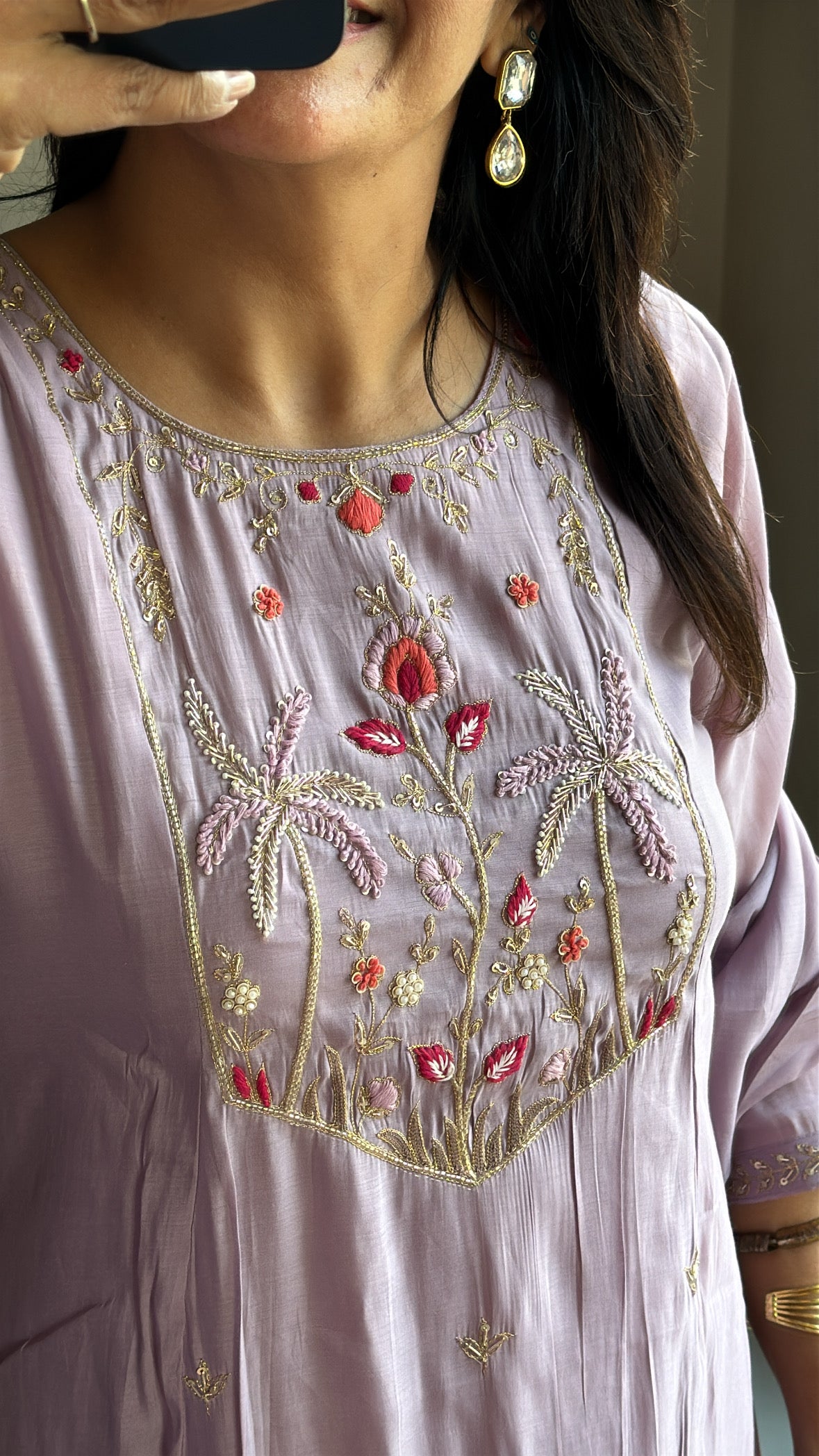 Soft Lilac Thread Embroidered A-Line Kurta Pant & Dupatta Set | Muslin Silk