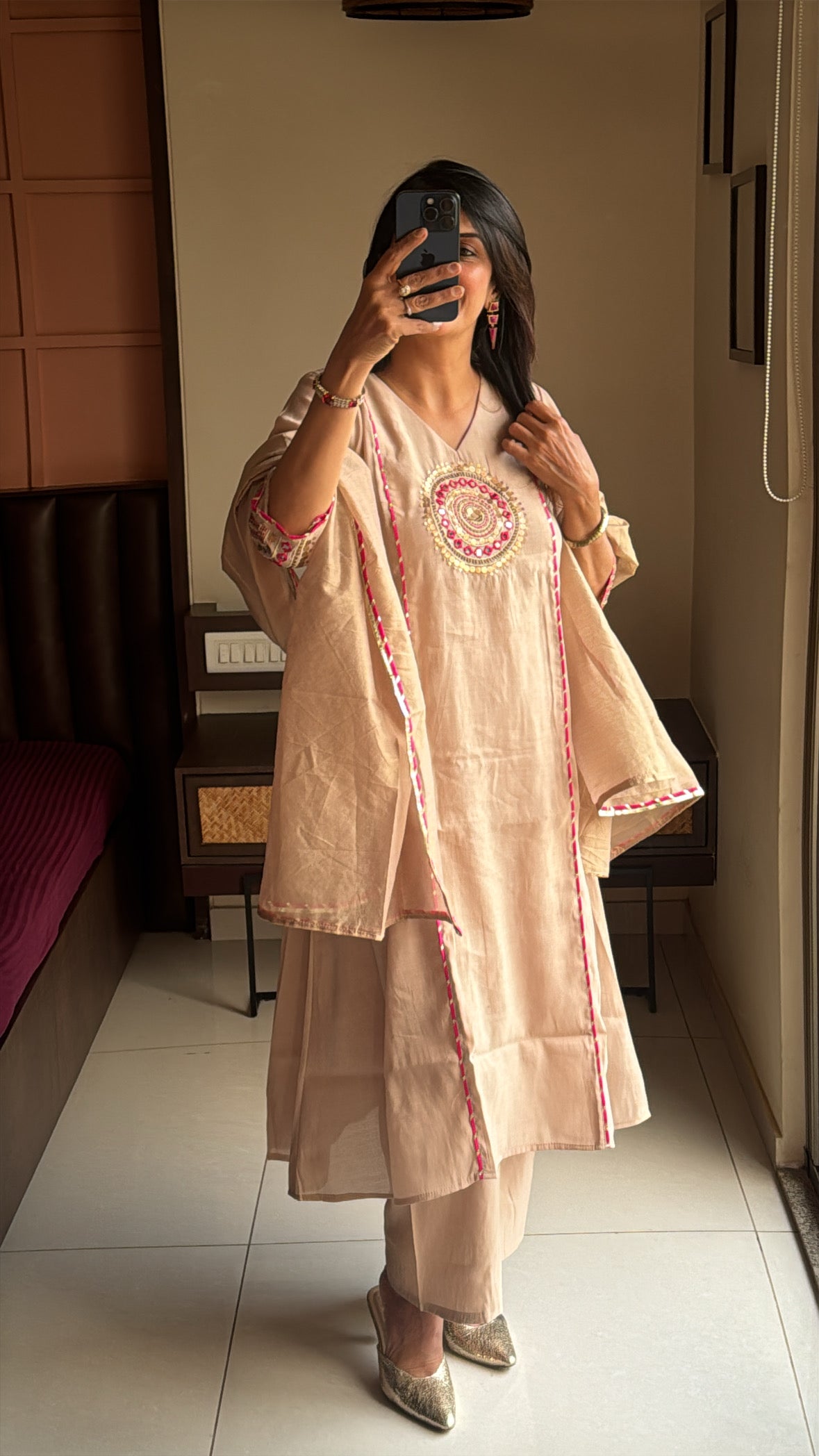 Cream Beige – Mirror & Coin Embroidered Kurta Palazzo & Dupatta Set | Mul Chanderi