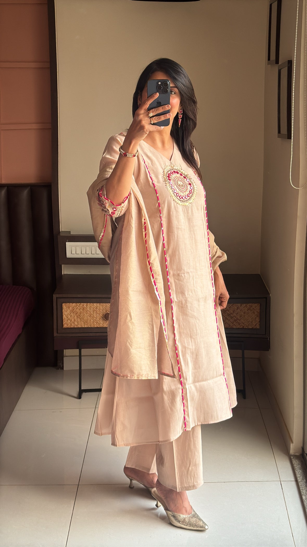 Cream Beige – Mirror & Coin Embroidered Kurta Palazzo & Dupatta Set | Mul Chanderi