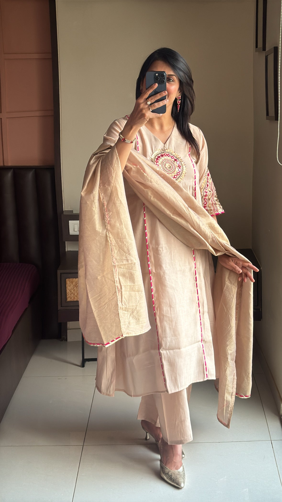 Cream Beige – Mirror & Coin Embroidered Kurta Palazzo & Dupatta Set | Mul Chanderi