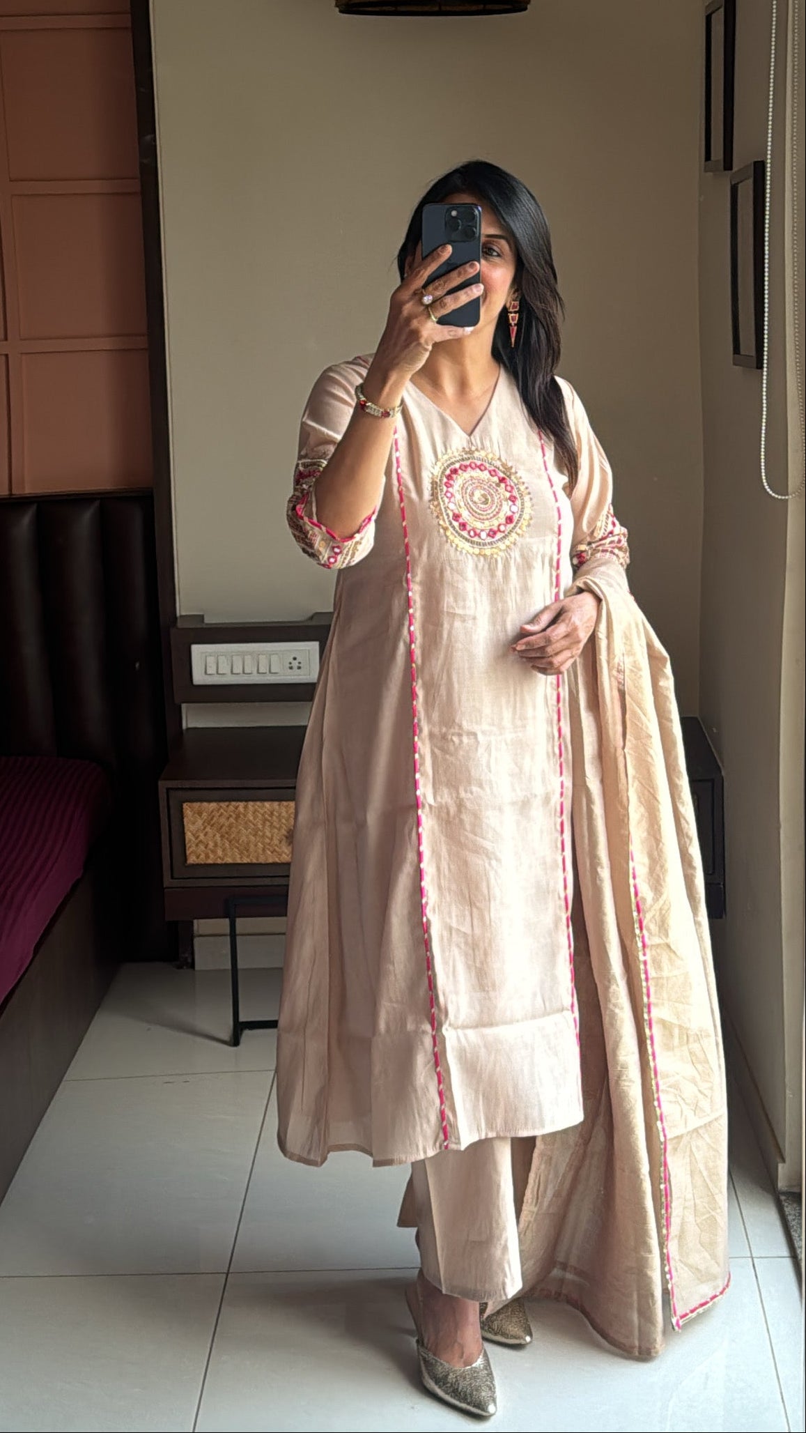 Cream Beige – Mirror & Coin Embroidered Kurta Palazzo & Dupatta Set | Mul Chanderi