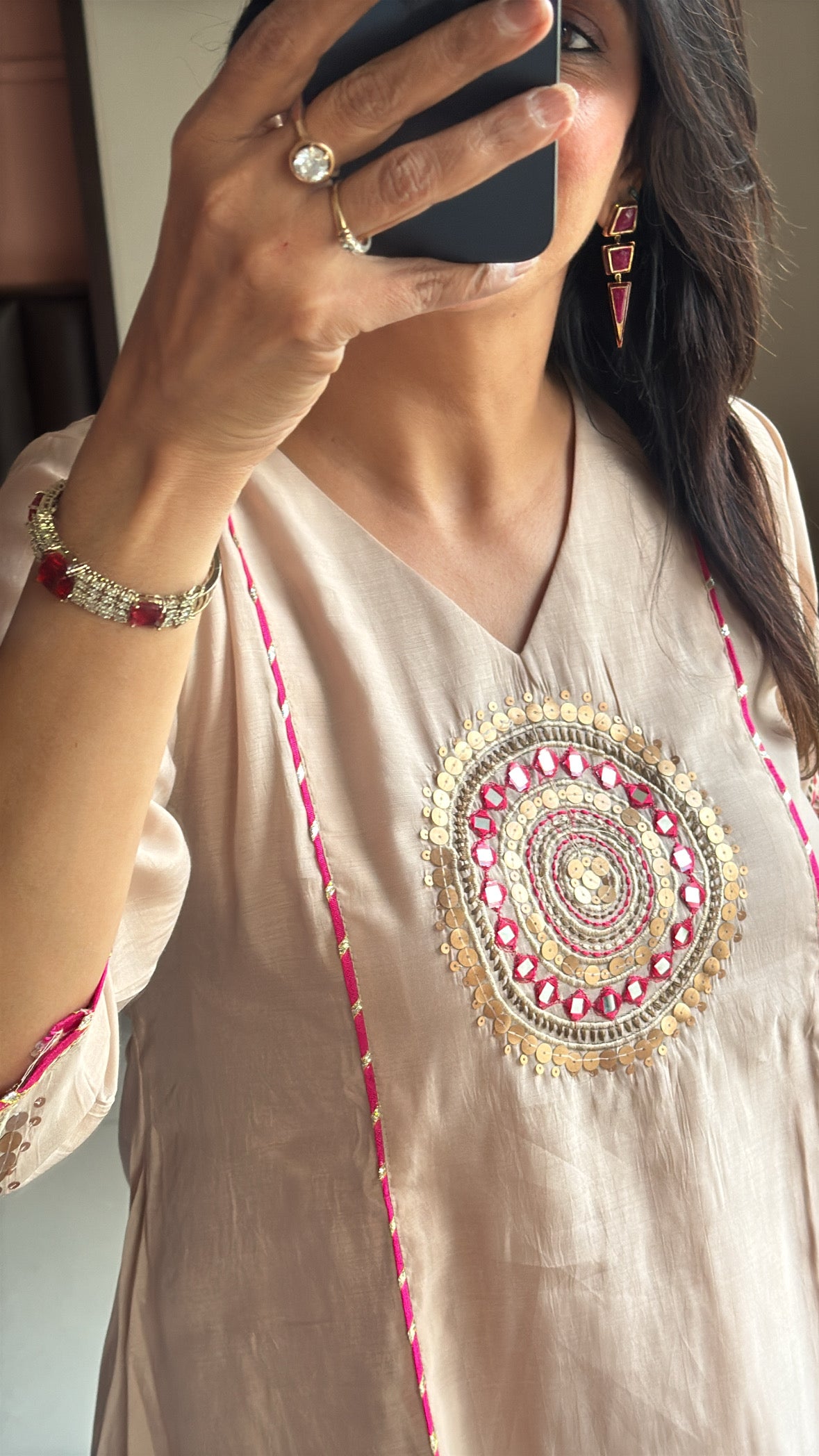Cream Beige – Mirror & Coin Embroidered Kurta Palazzo & Dupatta Set | Mul Chanderi