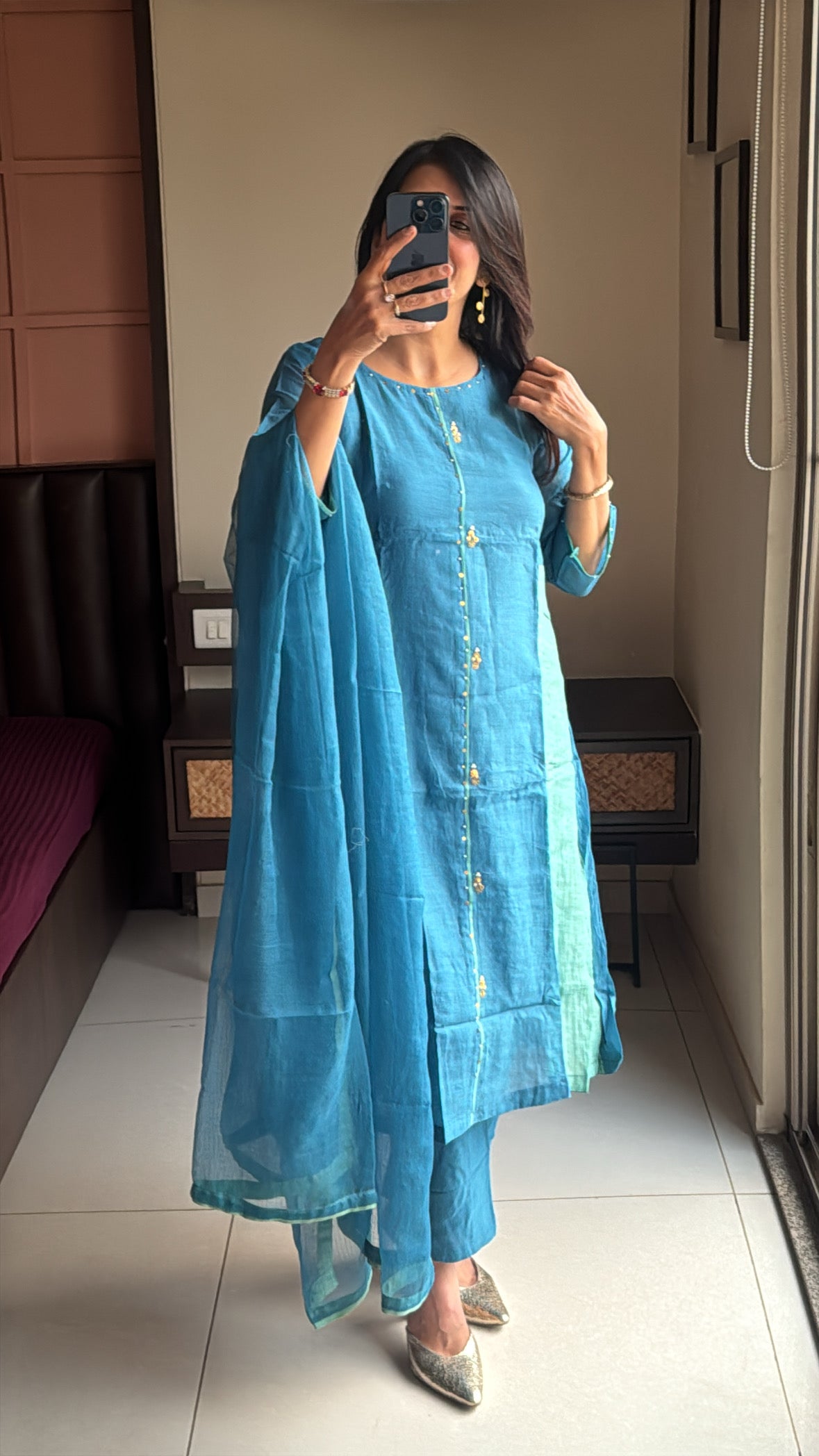 Cerulean Blue – Color-Blocked A-Line Kurta Pant Dupatta Set | Banarasi Mul Chanderi
