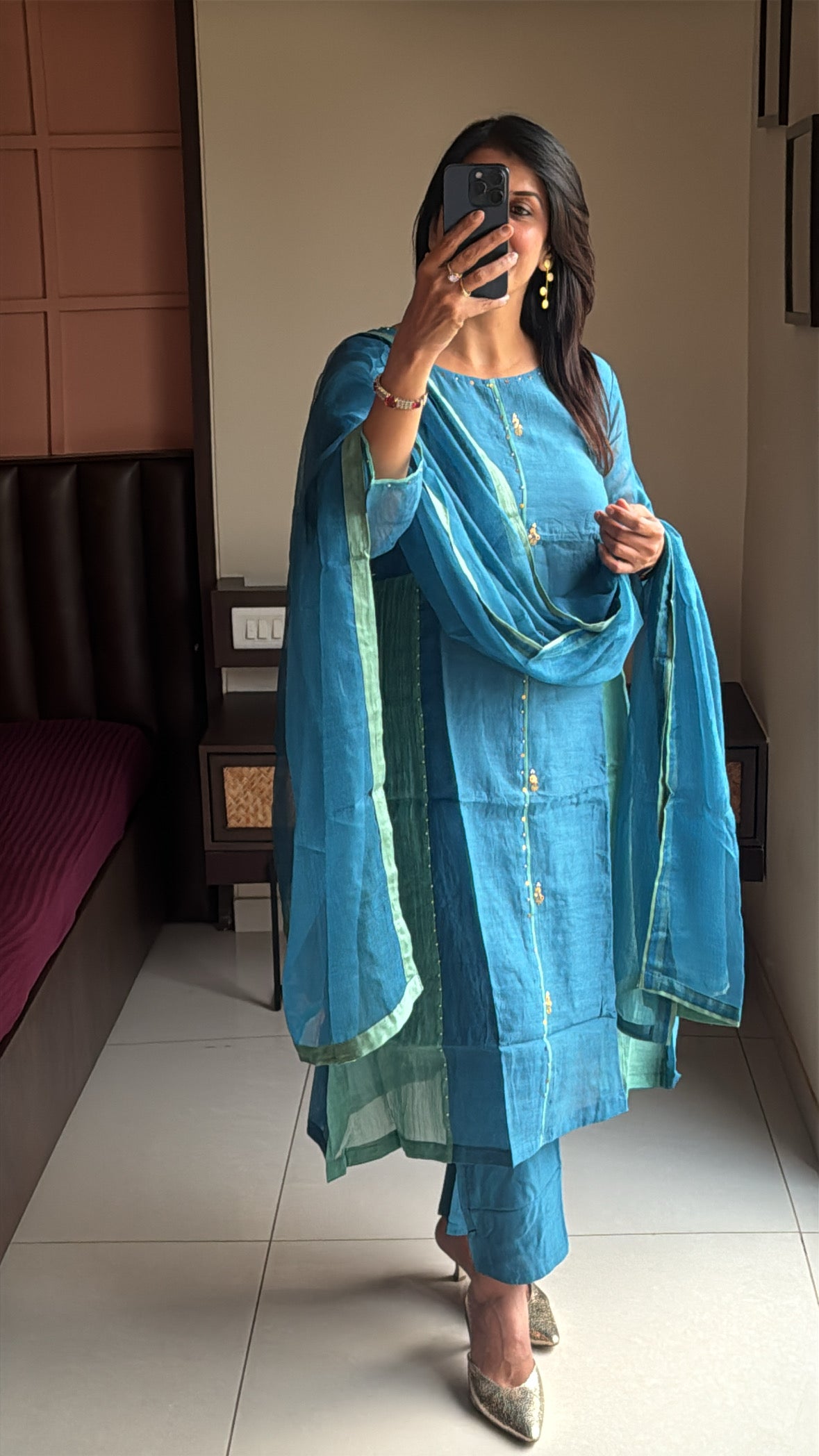 Cerulean Blue – Color-Blocked A-Line Kurta Pant Dupatta Set | Banarasi Mul Chanderi