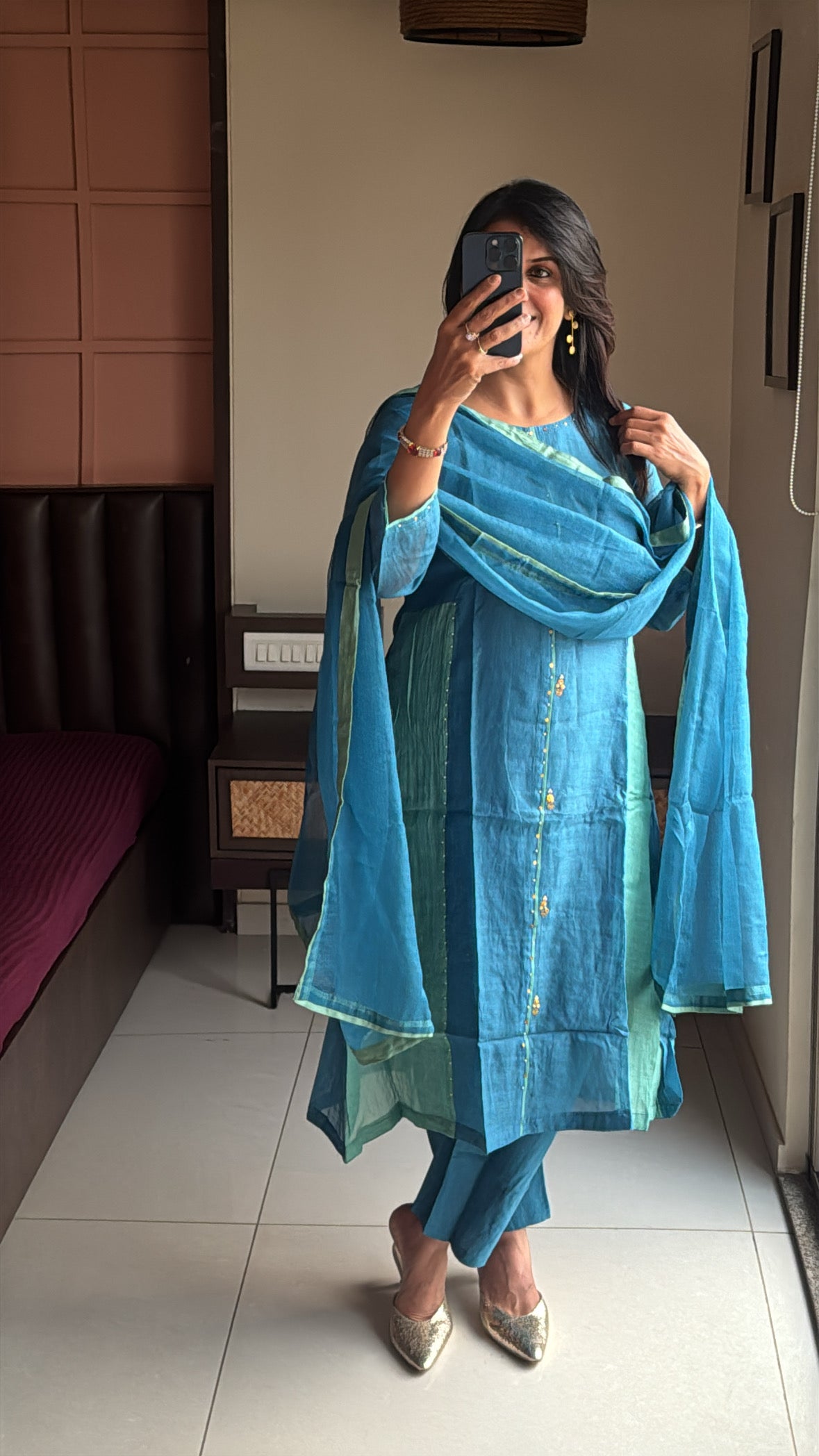 Cerulean Blue – Color-Blocked A-Line Kurta Pant Dupatta Set | Banarasi Mul Chanderi