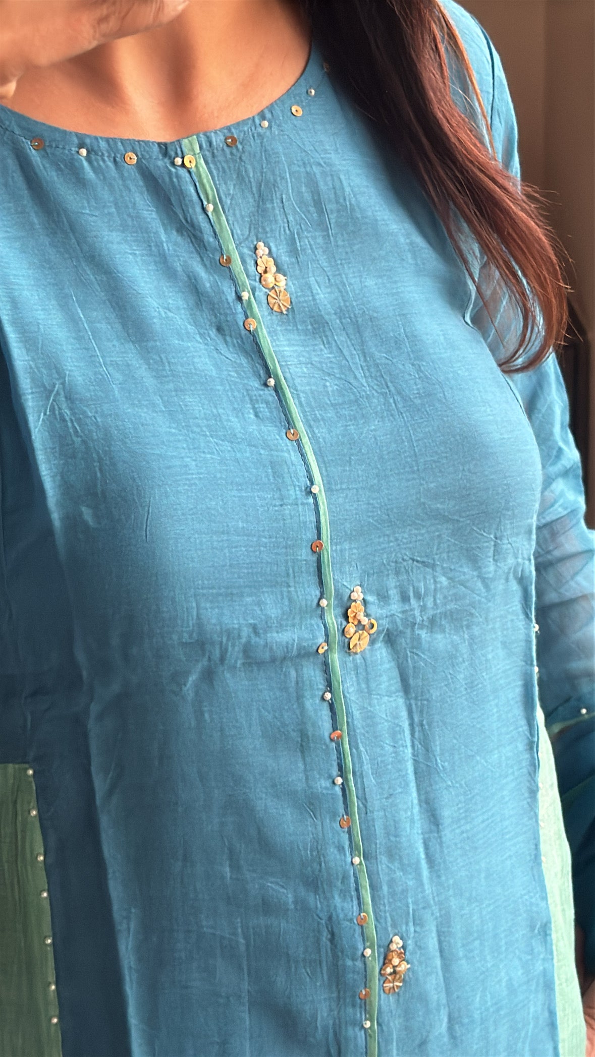 Cerulean Blue – Color-Blocked A-Line Kurta Pant Dupatta Set | Banarasi Mul Chanderi