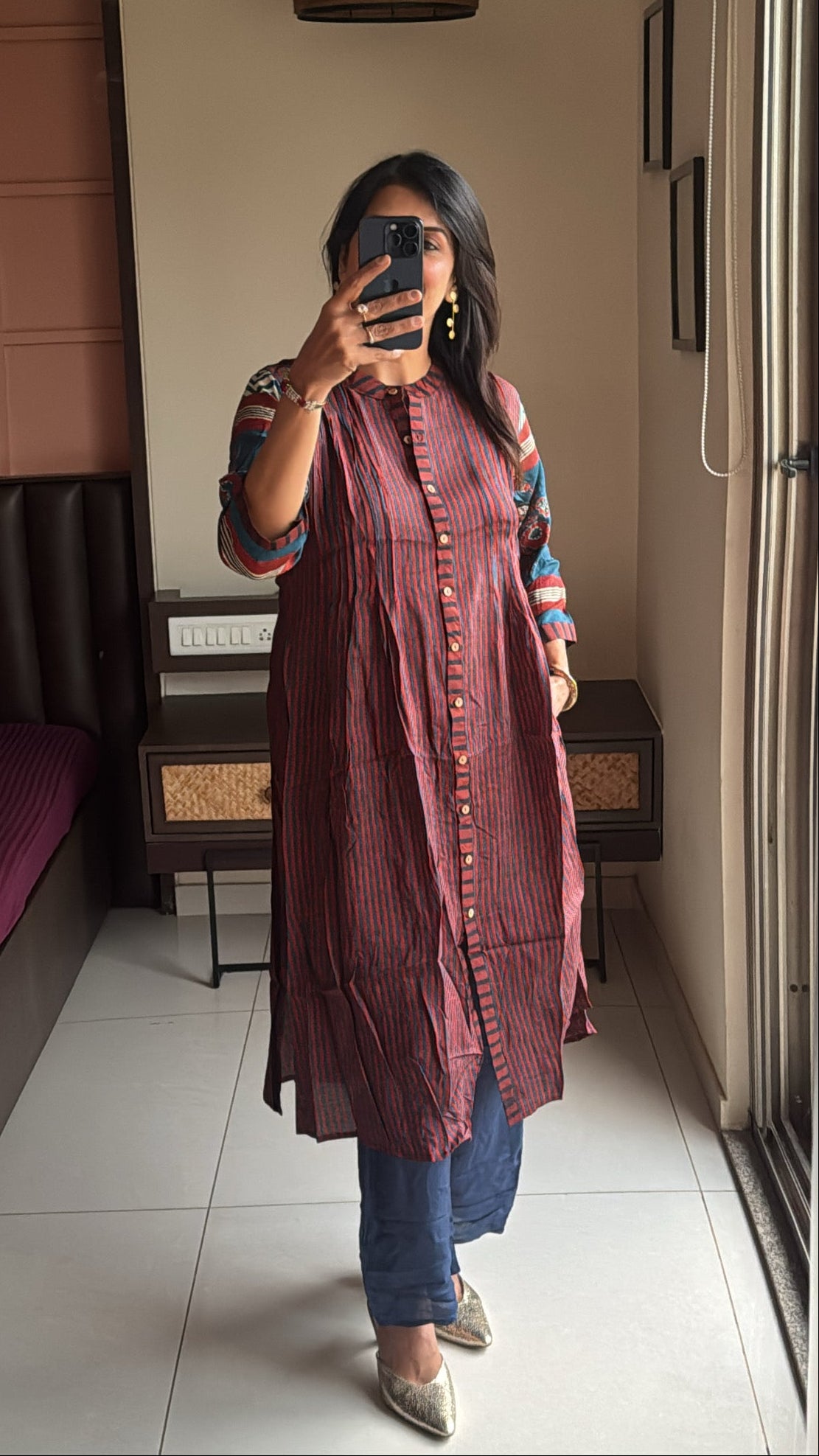 Maroon & Blue A-Line Kurta Pant Set | Pure Muslin Silk