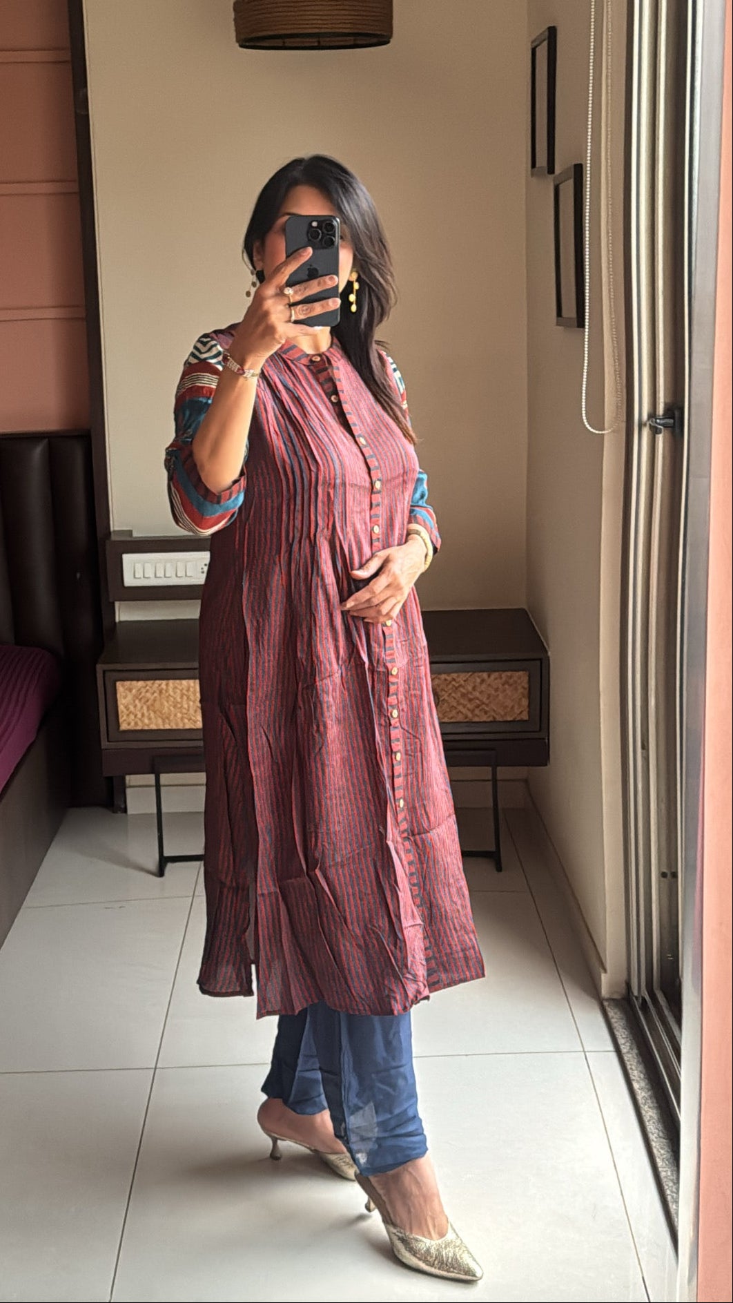 Maroon & Blue A-Line Kurta Pant Set | Pure Muslin Silk