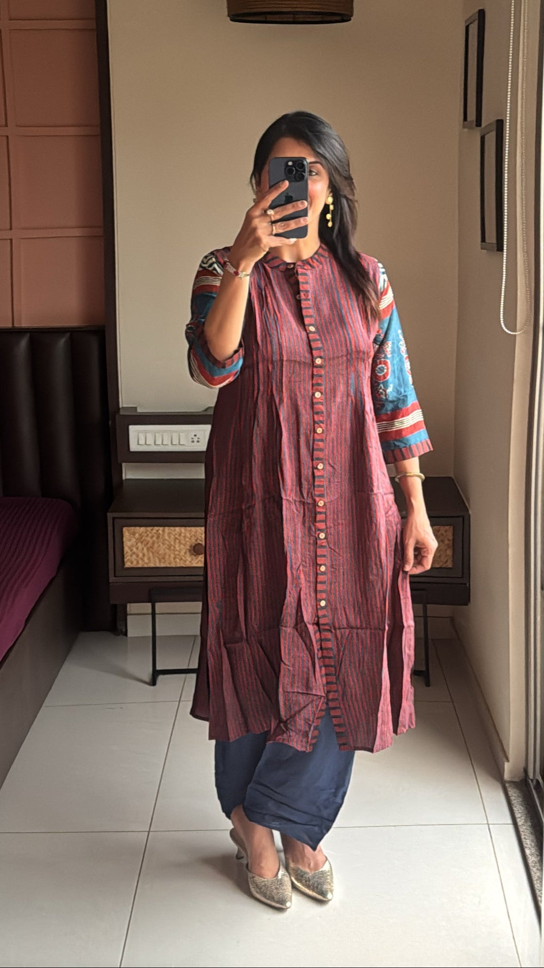 Maroon & Blue A-Line Kurta Pant Set | Pure Muslin Silk