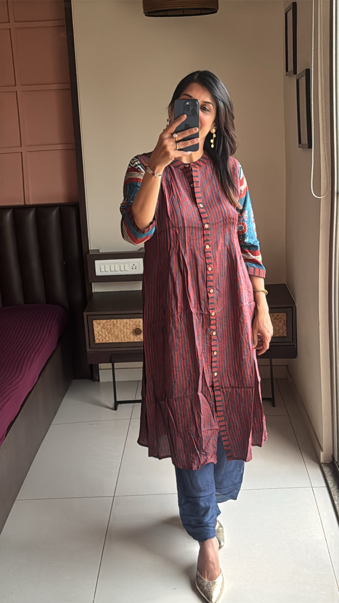 Maroon & Blue A-Line Kurta Pant Set | Pure Muslin Silk