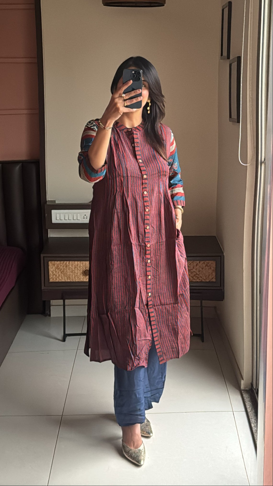 Maroon & Blue A-Line Kurta Pant Set | Pure Muslin Silk