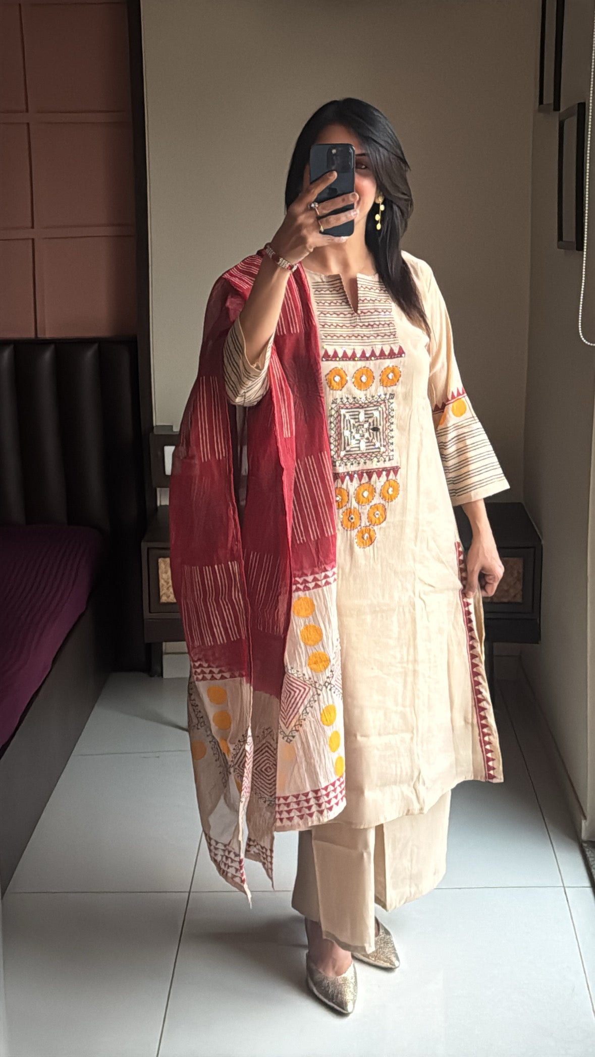 Beige – Handwork & Hand-Printed Kurta Palazzo Dupatta Set | Mul Chanderi