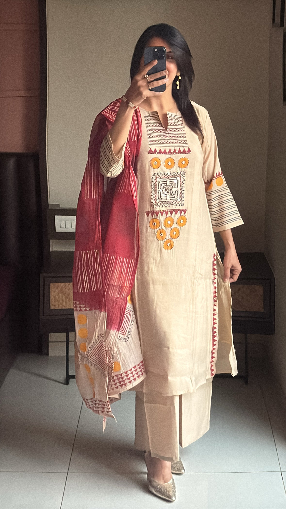 Beige – Handwork & Hand-Printed Kurta Palazzo Dupatta Set | Mul Chanderi