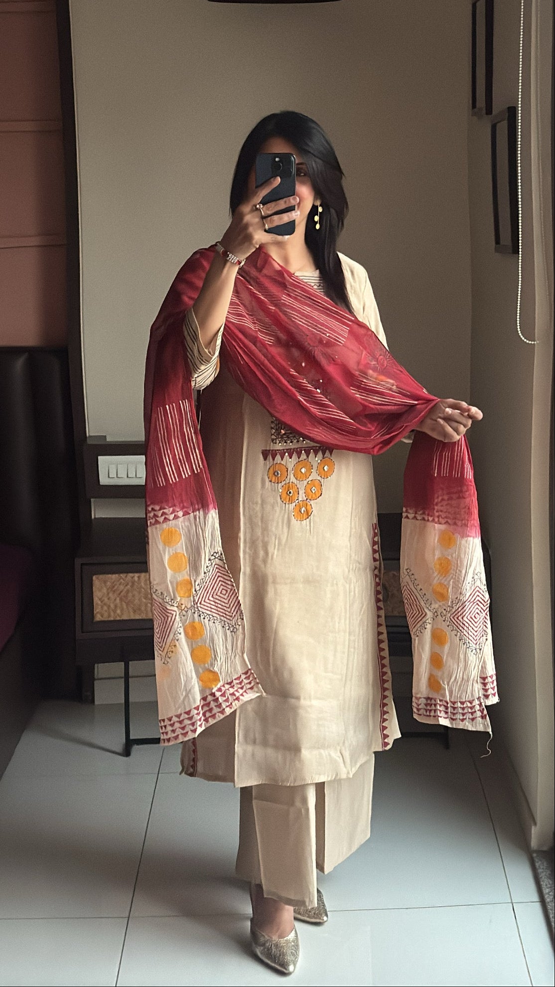 Beige – Handwork & Hand-Printed Kurta Palazzo Dupatta Set | Mul Chanderi