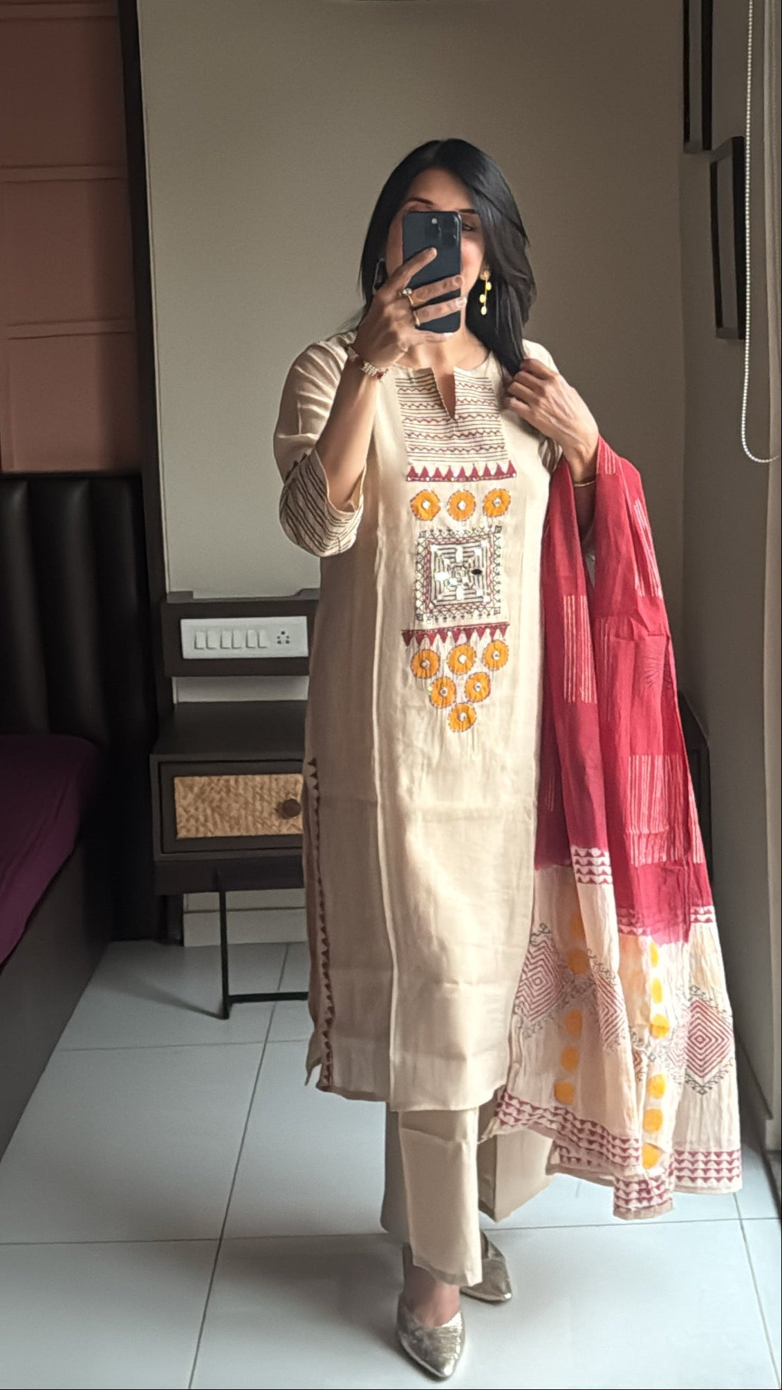 Beige – Handwork & Hand-Printed Kurta Palazzo Dupatta Set | Mul Chanderi