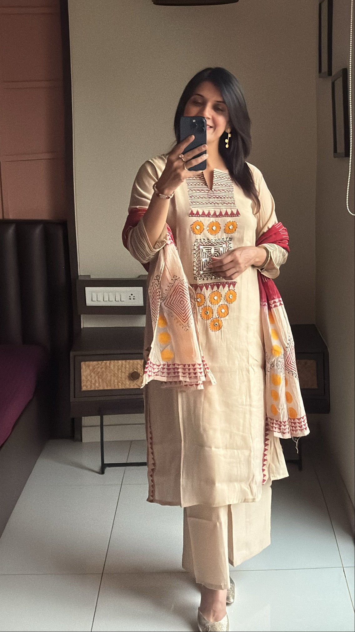 Beige – Handwork & Hand-Printed Kurta Palazzo Dupatta Set | Mul Chanderi