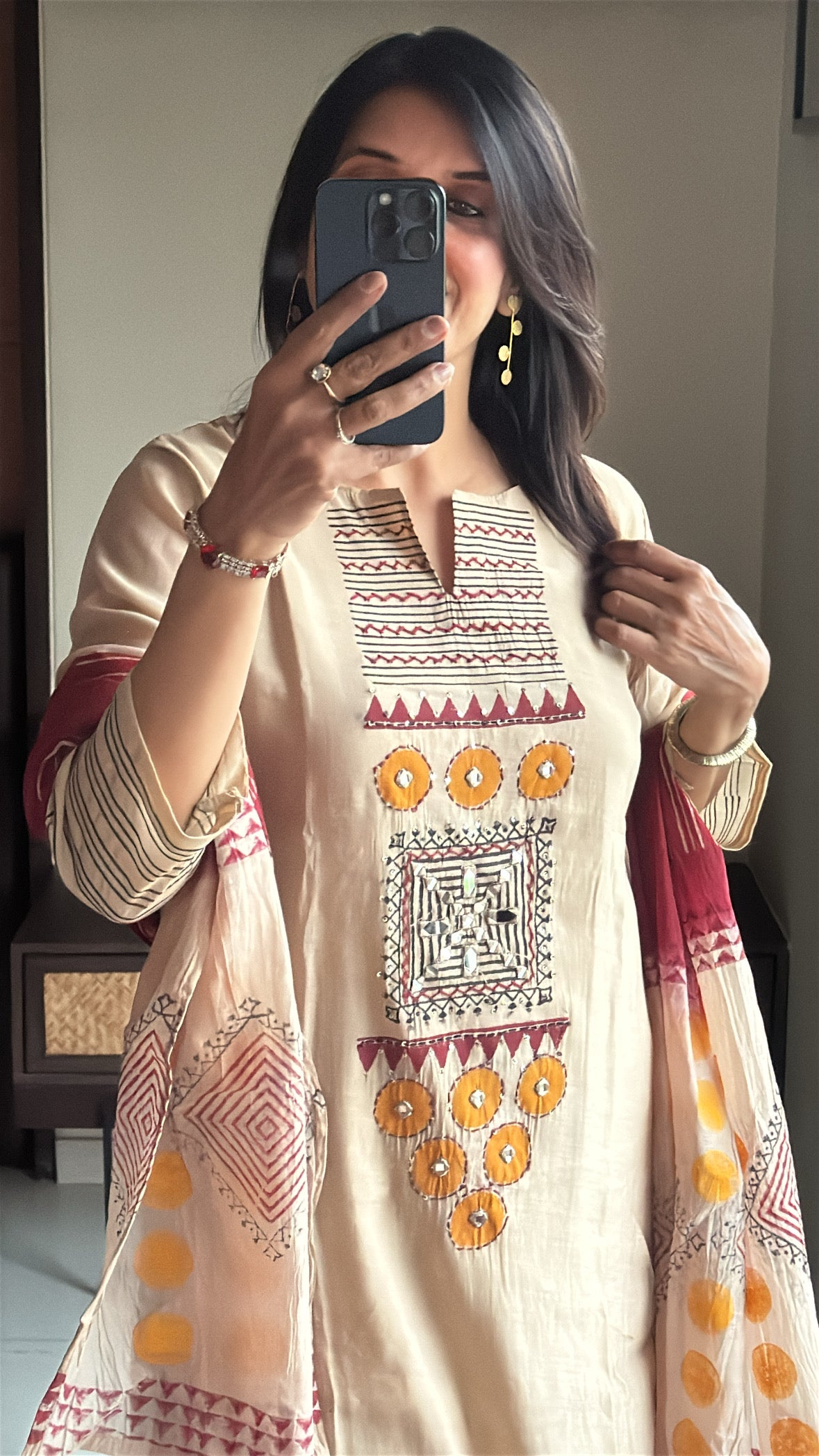 Beige – Handwork & Hand-Printed Kurta Palazzo Dupatta Set | Mul Chanderi