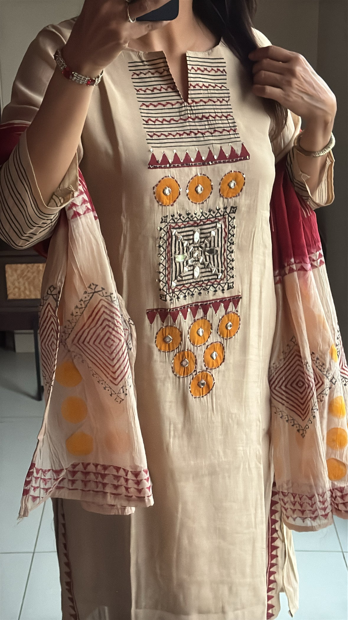 Beige – Handwork & Hand-Printed Kurta Palazzo Dupatta Set | Mul Chanderi