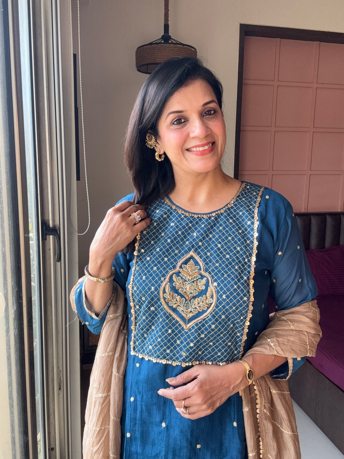 Classic Blue & Beige Short Kurta Farsi Salwar with Dupatta Set | Banarasi Mul Chanderi