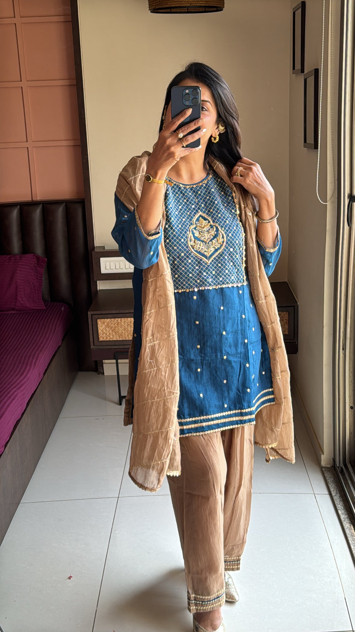 Classic Blue & Beige Short Kurta Farsi Salwar with Dupatta Set | Banarasi Mul Chanderi