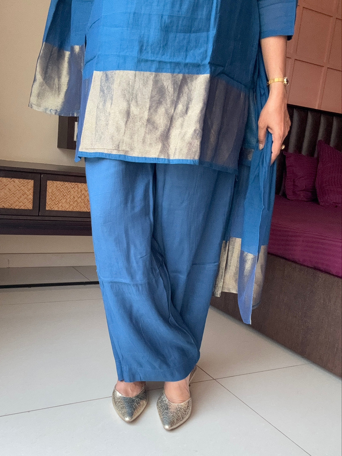 Classic Blue Short Kurta Palazzo Set with Tissue Block Dupatta | Banarasi Mul Chanderi