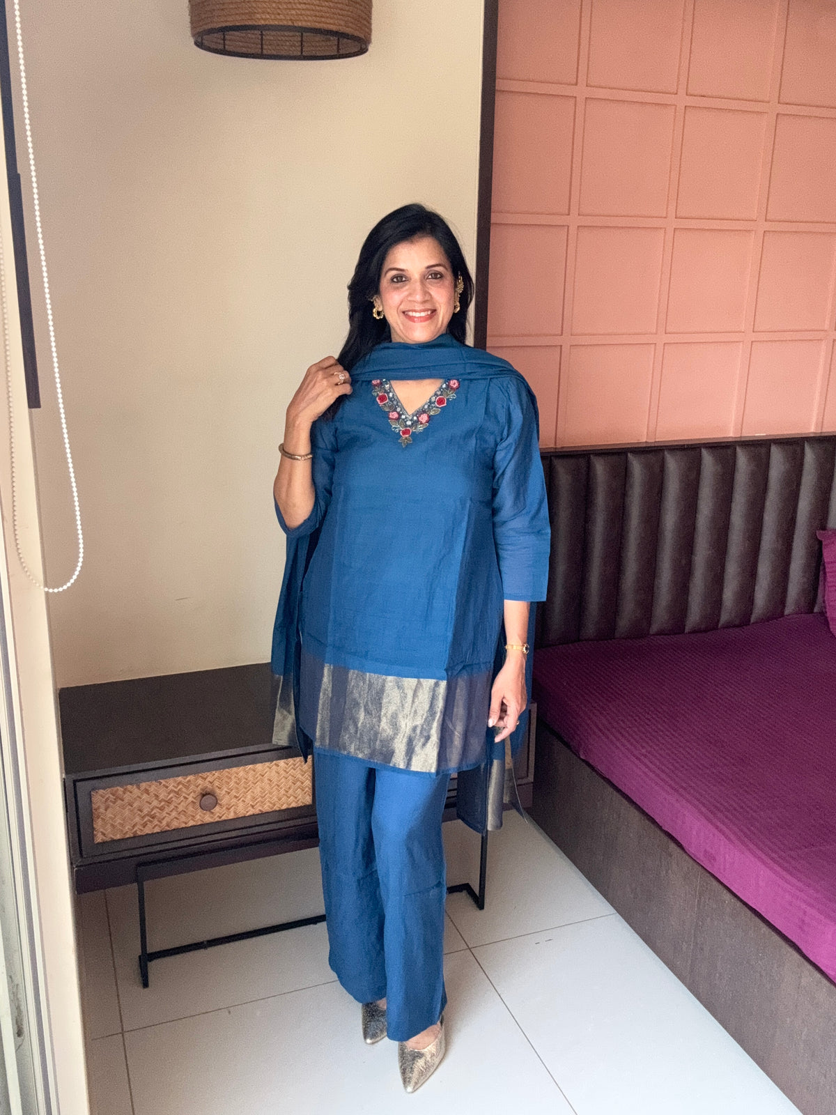 Classic Blue Short Kurta Palazzo Set with Tissue Block Dupatta | Banarasi Mul Chanderi