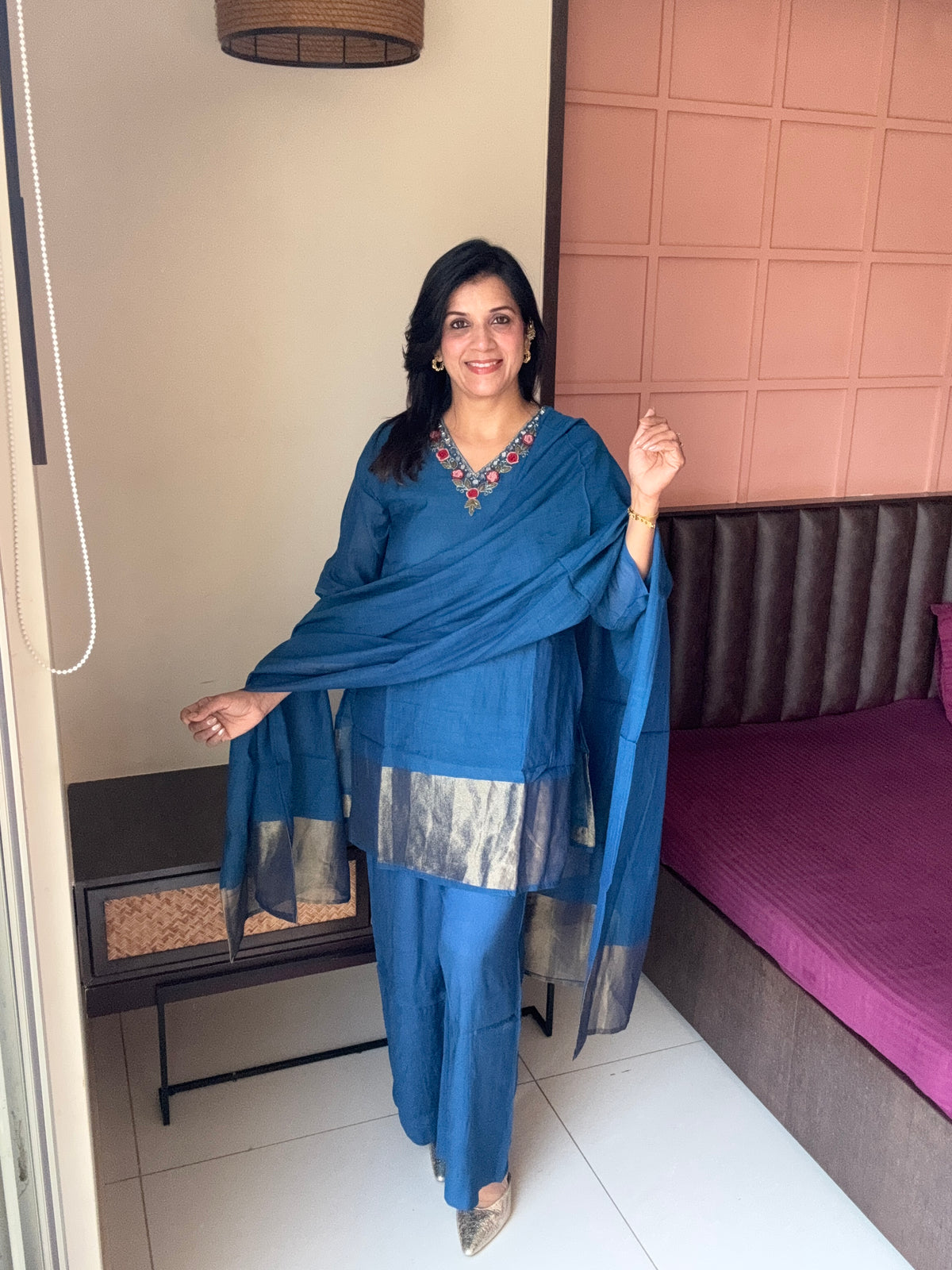 Classic Blue Short Kurta Palazzo Set with Tissue Block Dupatta | Banarasi Mul Chanderi