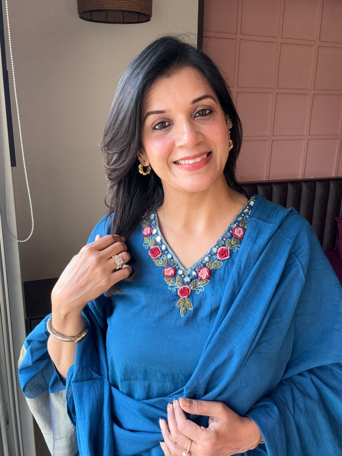 Classic Blue Short Kurta Palazzo Set with Tissue Block Dupatta | Banarasi Mul Chanderi