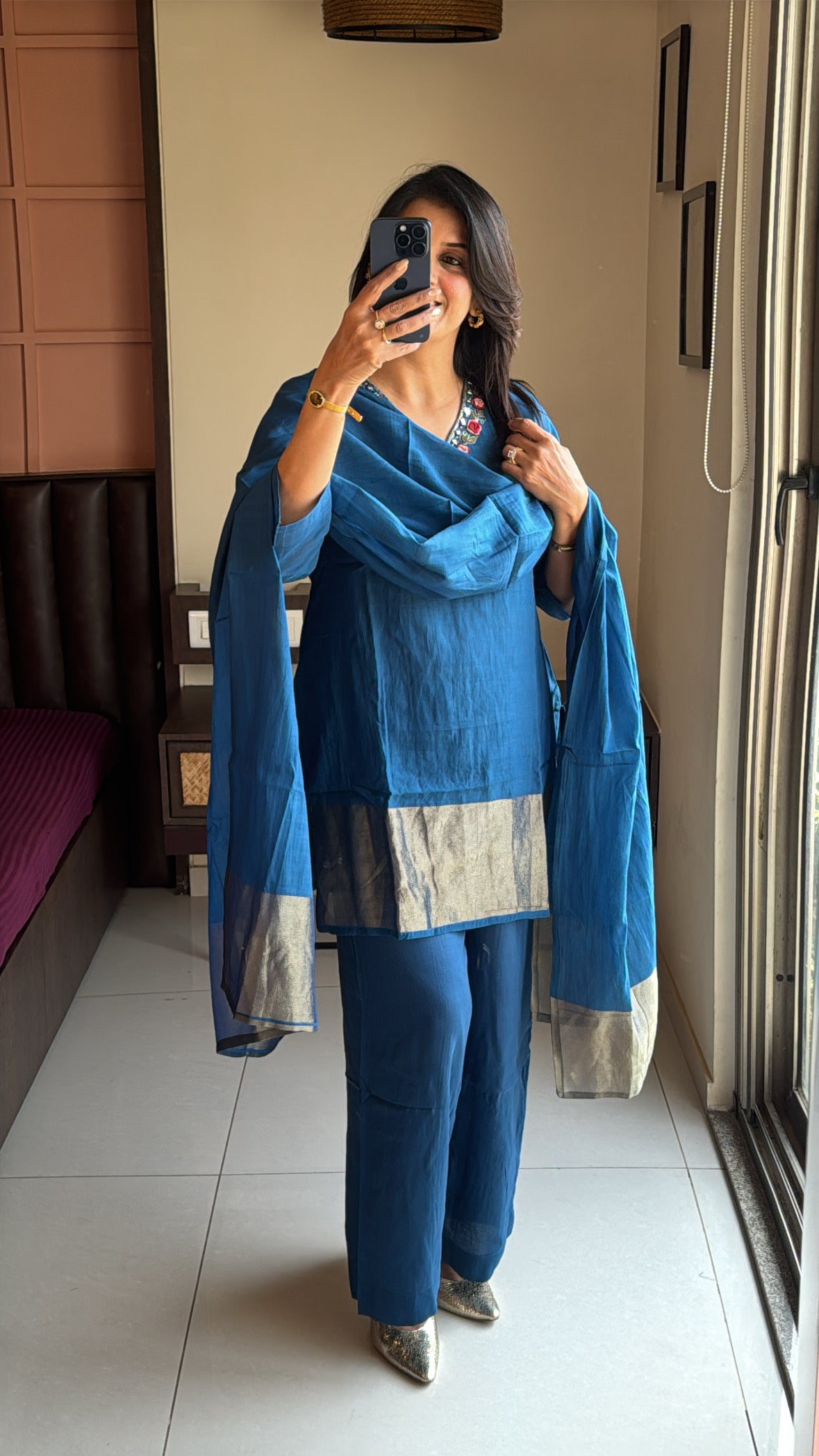 Classic Blue Short Kurta Palazzo Set with Tissue Block Dupatta | Banarasi Mul Chanderi