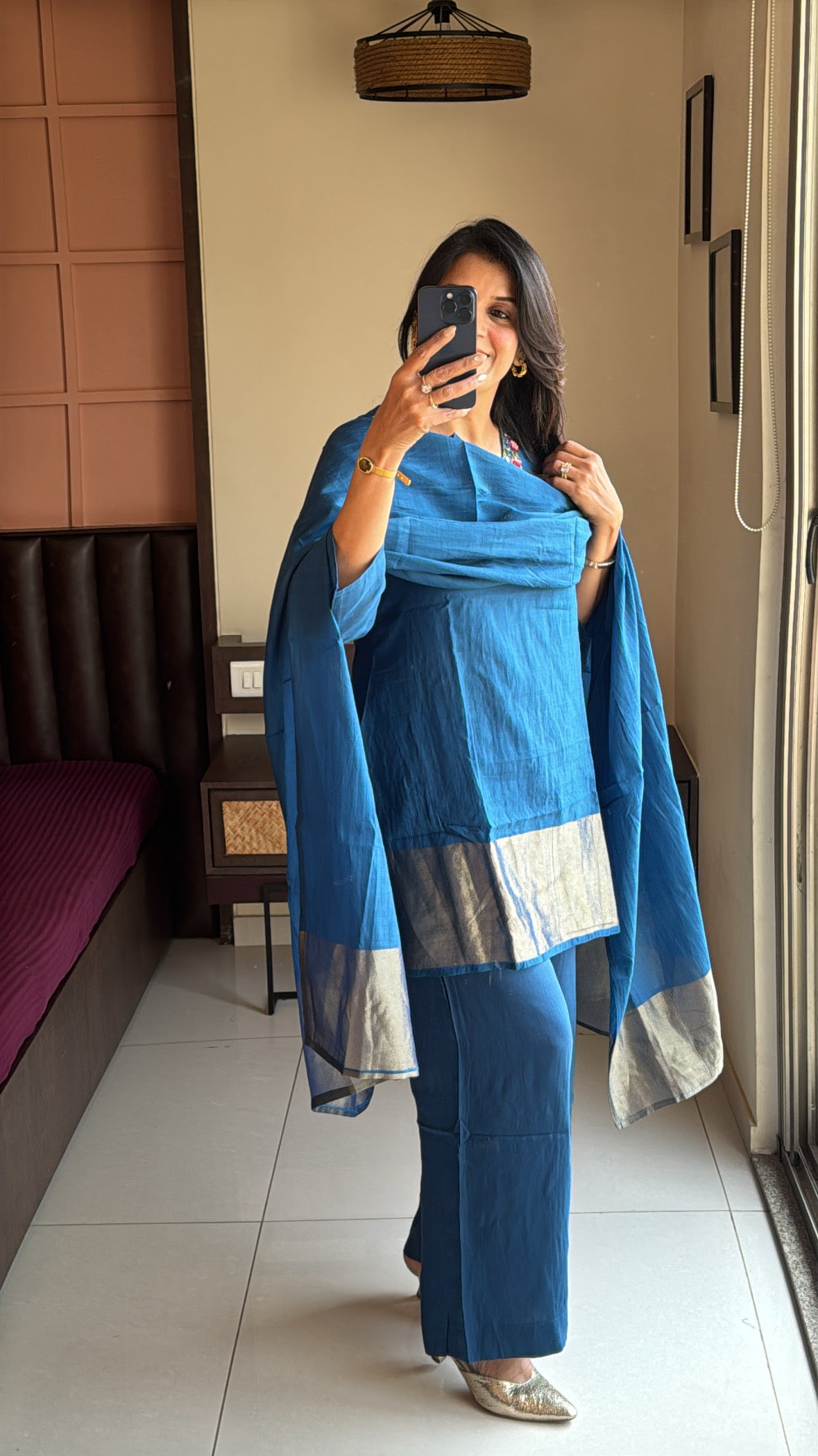 Classic Blue Short Kurta Palazzo Set with Tissue Block Dupatta | Banarasi Mul Chanderi