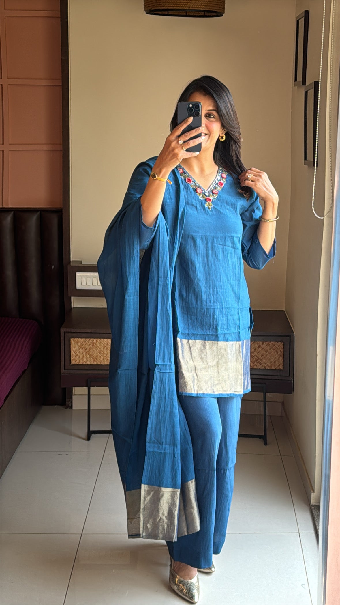 Classic Blue Short Kurta Palazzo Set with Tissue Block Dupatta | Banarasi Mul Chanderi
