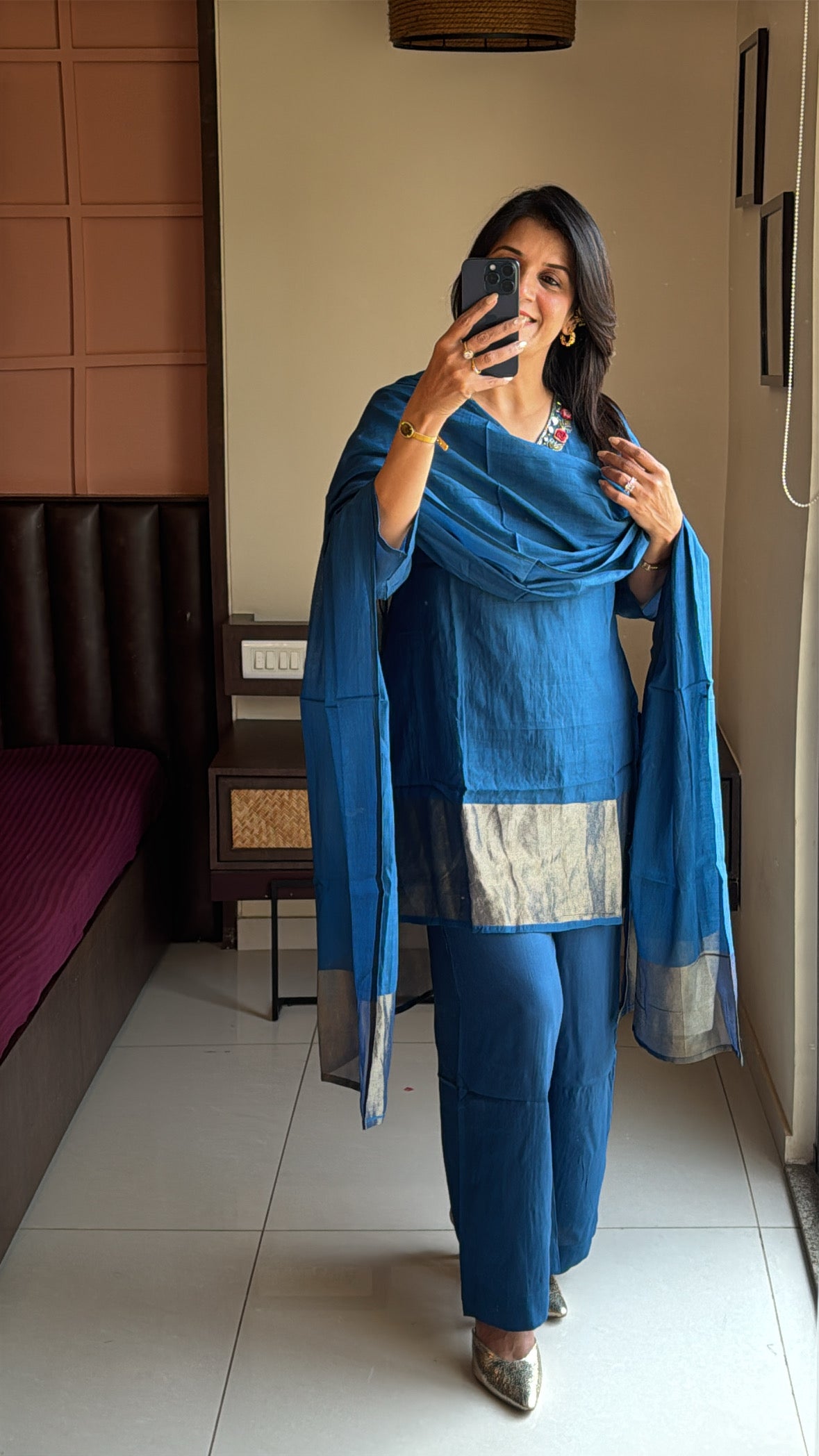 Classic Blue Short Kurta Palazzo Set with Tissue Block Dupatta | Banarasi Mul Chanderi