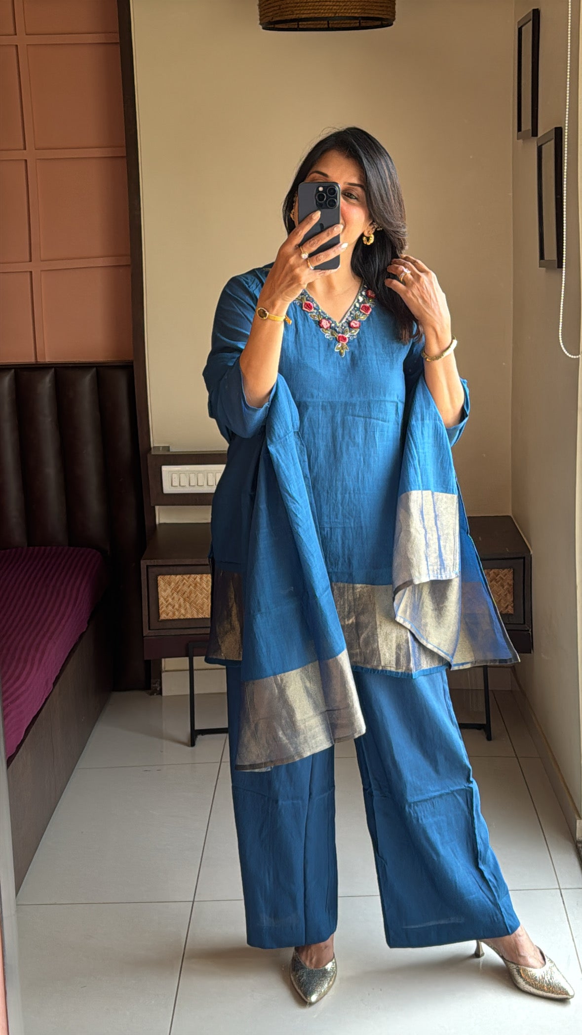 Classic Blue Short Kurta Palazzo Set with Tissue Block Dupatta | Banarasi Mul Chanderi