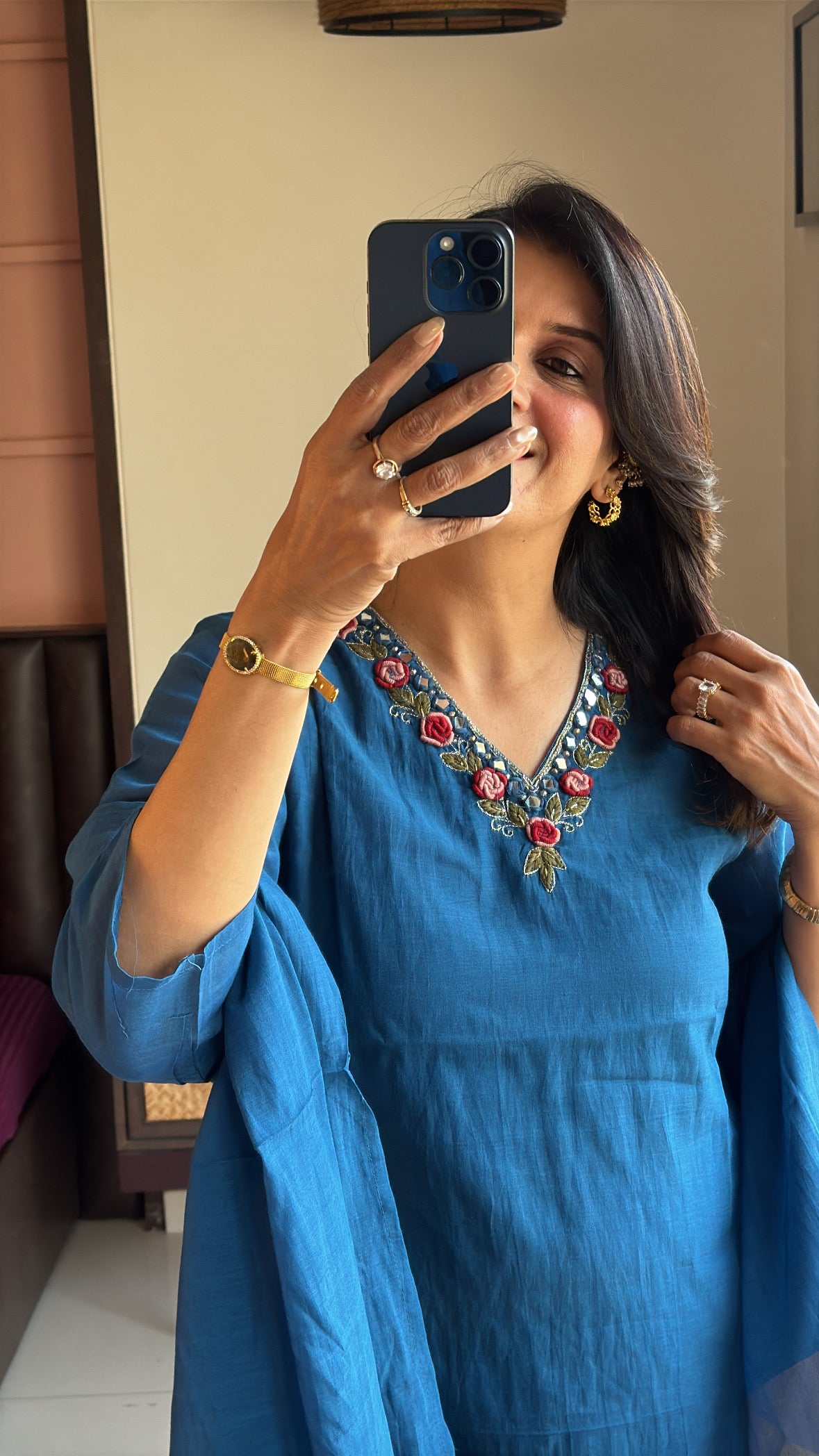 Classic Blue Short Kurta Palazzo Set with Tissue Block Dupatta | Banarasi Mul Chanderi