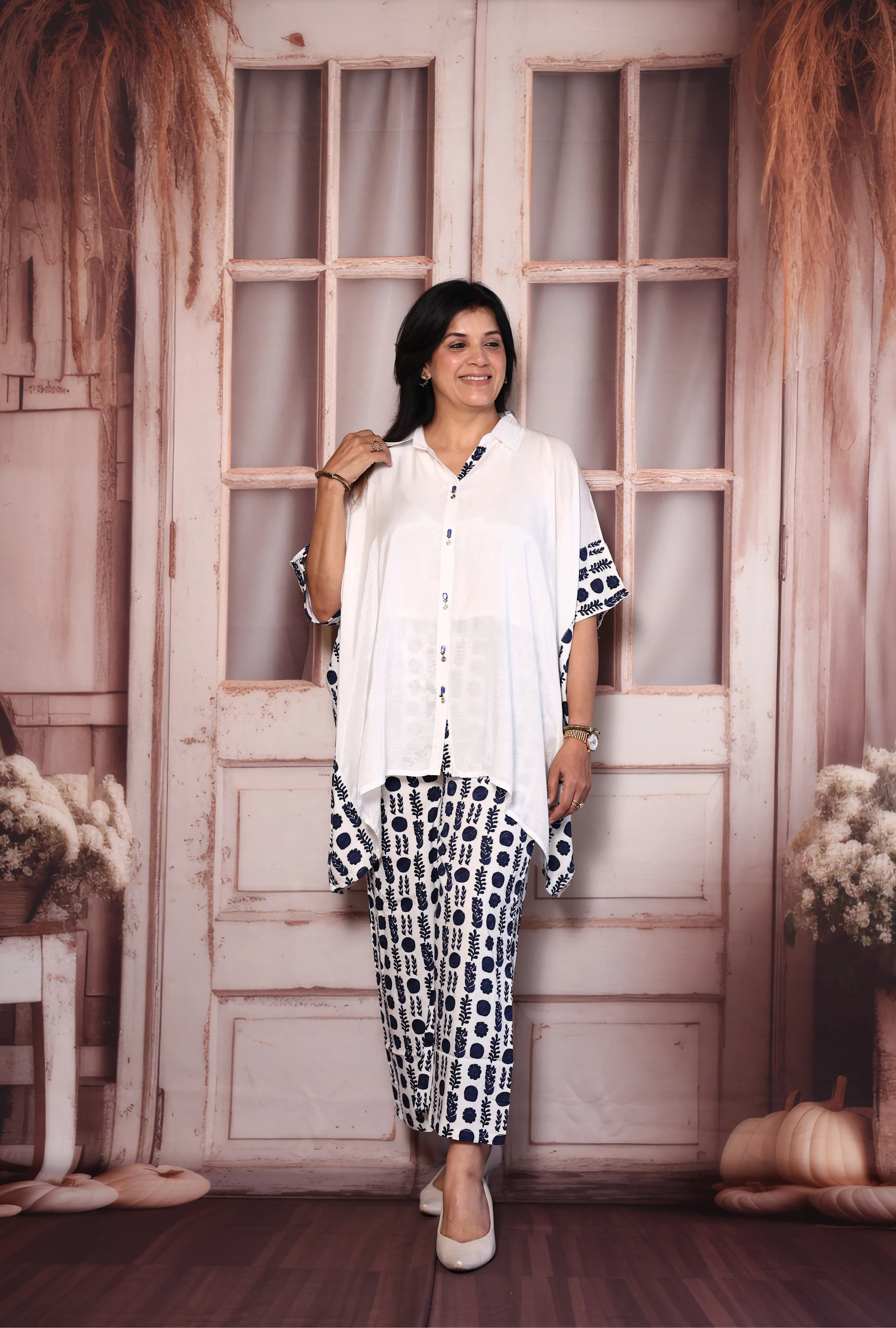 White & Blue Crepe Kaftan Co-Ord Set with Printed Pants | Collared Stylish Lounge Wear