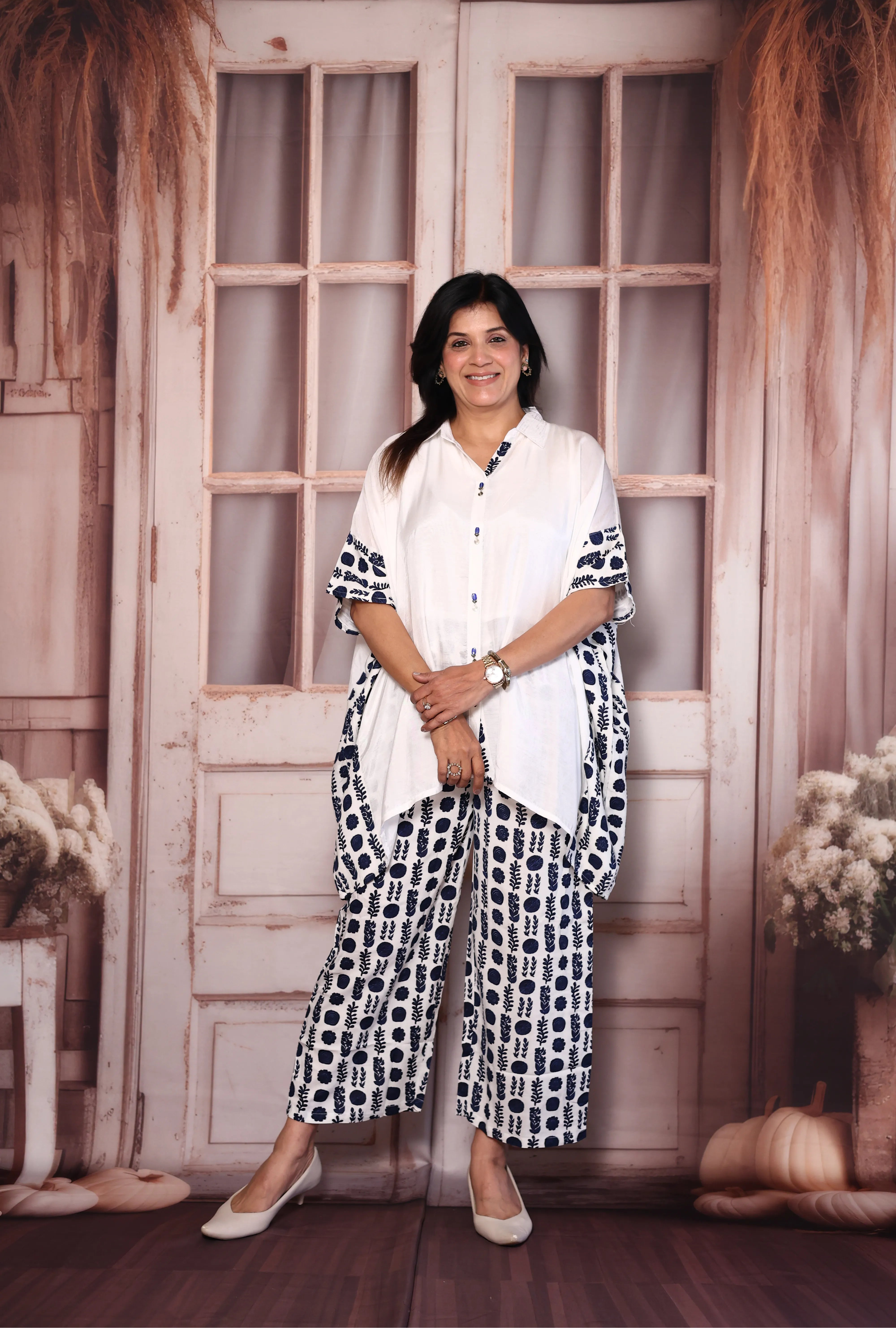 White & Blue Crepe Kaftan Co-Ord Set with Printed Pants | Collared Stylish Lounge Wear