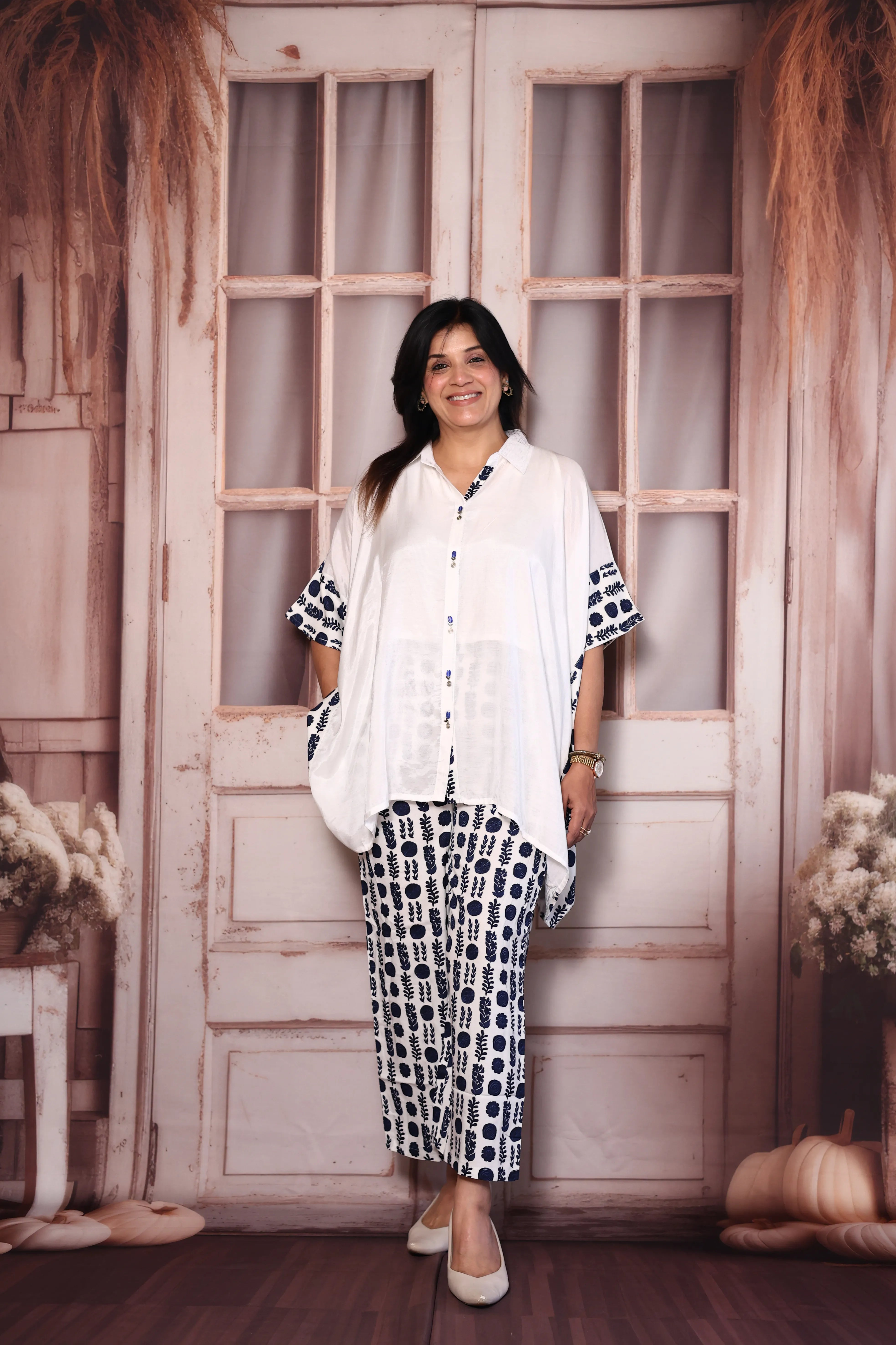 White & Blue Crepe Kaftan Co-Ord Set with Printed Pants | Collared Stylish Lounge Wear