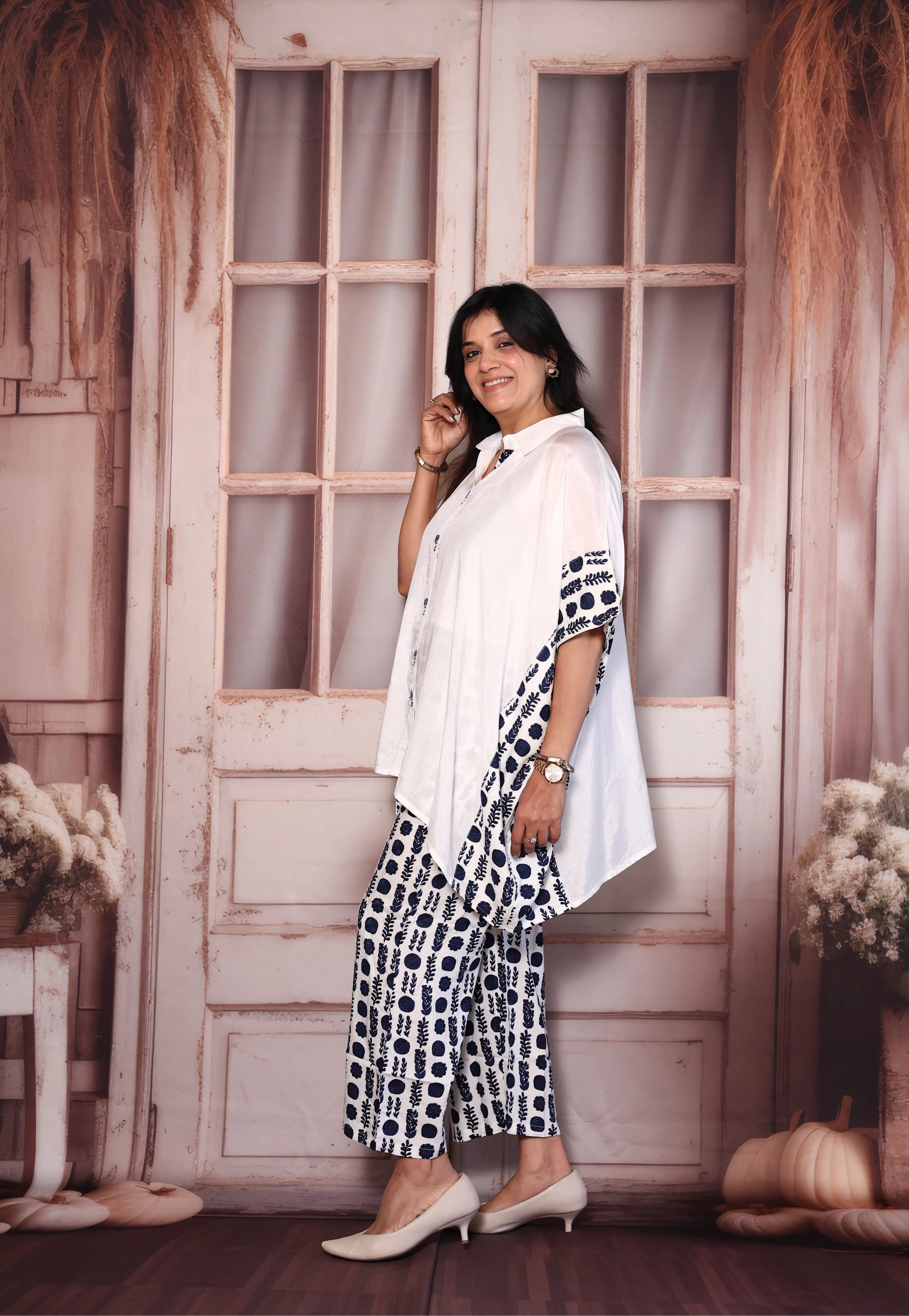 White & Blue Crepe Kaftan Co-Ord Set with Printed Pants | Collared Stylish Lounge Wear