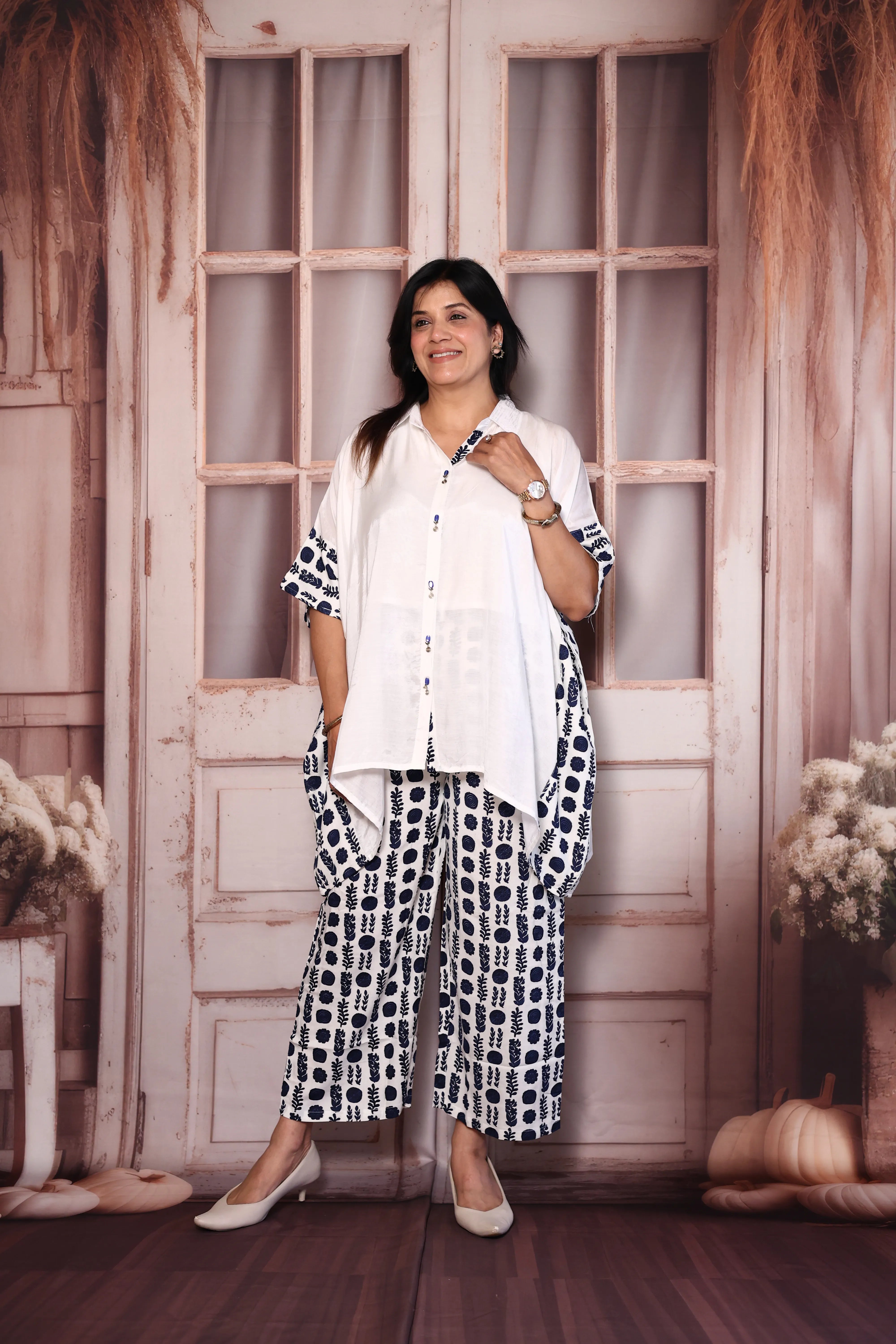 White & Blue Crepe Kaftan Co-Ord Set with Printed Pants | Collared Stylish Lounge Wear